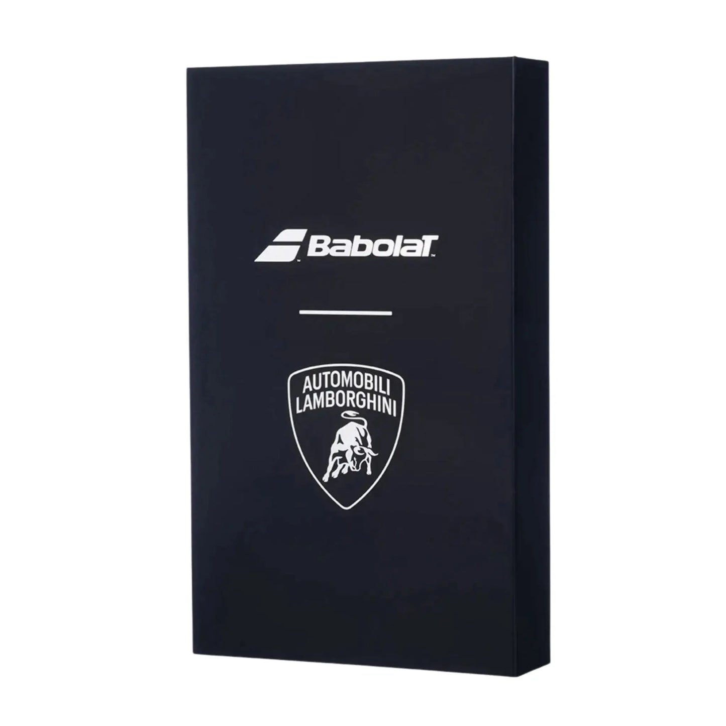 Babolat x Lamborghini Padel Racket Gelb – elegante schwarze Geschenkbox mit Babolat und Automobili Lamborghini Logo, hochwertige Verpackung für Limited Edition Padelschläger, Vorderansicht