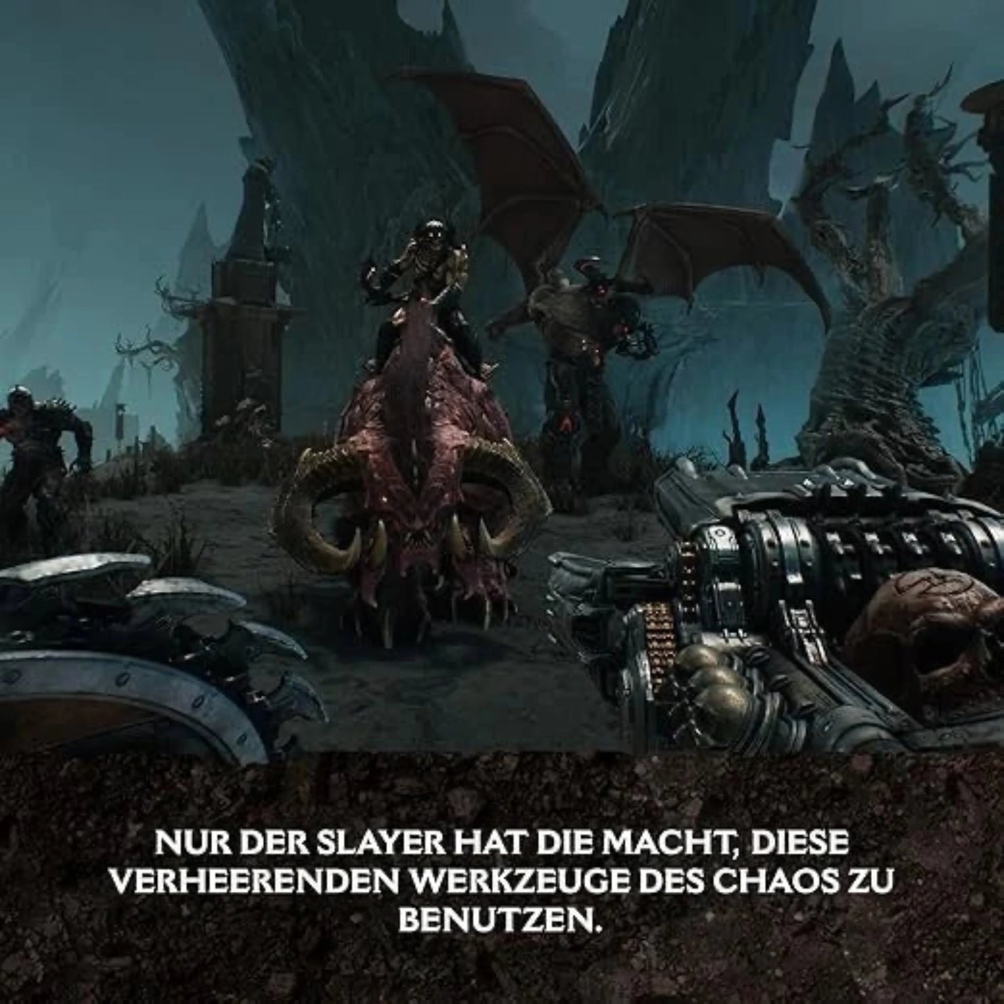 Doom The Dark Ages Artwork – der Doom Slayer steht in einer düsteren Fantasy-Welt und kontrolliert gewaltige Kriegsmaschinen und Dämonenwaffen im Kampf gegen das Chaos.