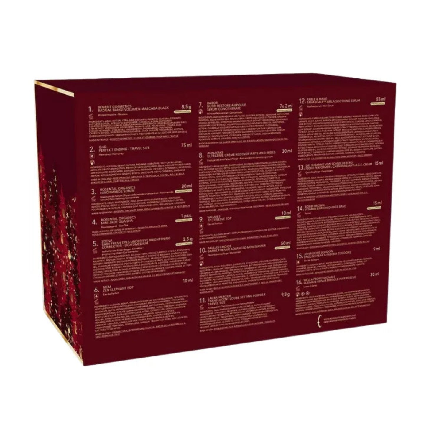 Douglas The Luxury Advent Kalender 2025 Rückseite – Übersicht aller enthaltenen Pflege-, Make-up- und Duftprodukte mit Inhaltsangaben auf roter Verpackung