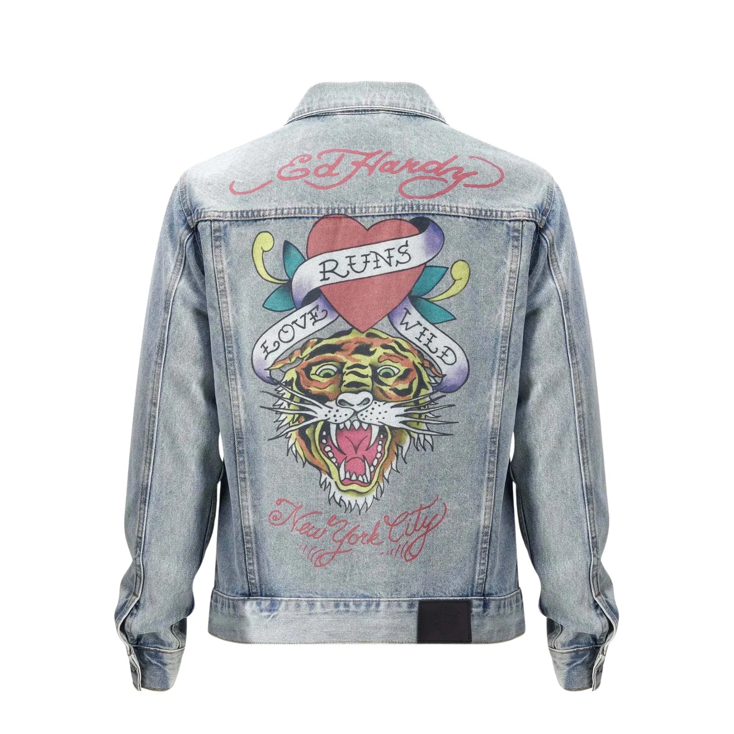 Ed Hardy Love Runs Wild Jeansjacke – Vintage-Denimjacke mit großem Tiger- und Herzmotiv auf Rücken, Rückansicht