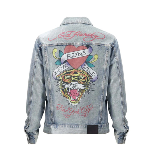 Ed Hardy Love Runs Wild Jeansjacke – Vintage-Denimjacke mit großem Tiger- und Herzmotiv auf Rücken, Rückansicht