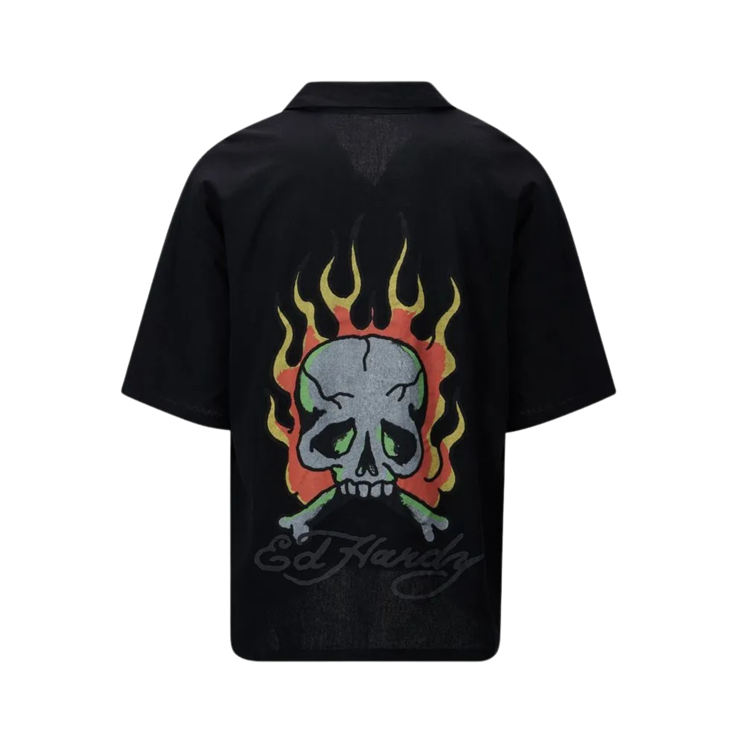 Ed Hardy Skull Flames Camp Hemd Black Rückansicht – schwarzes Vintage-Hemd mit großem Totenkopf- und Flammenmotiv auf dem Rücken, Streetwear-Stil