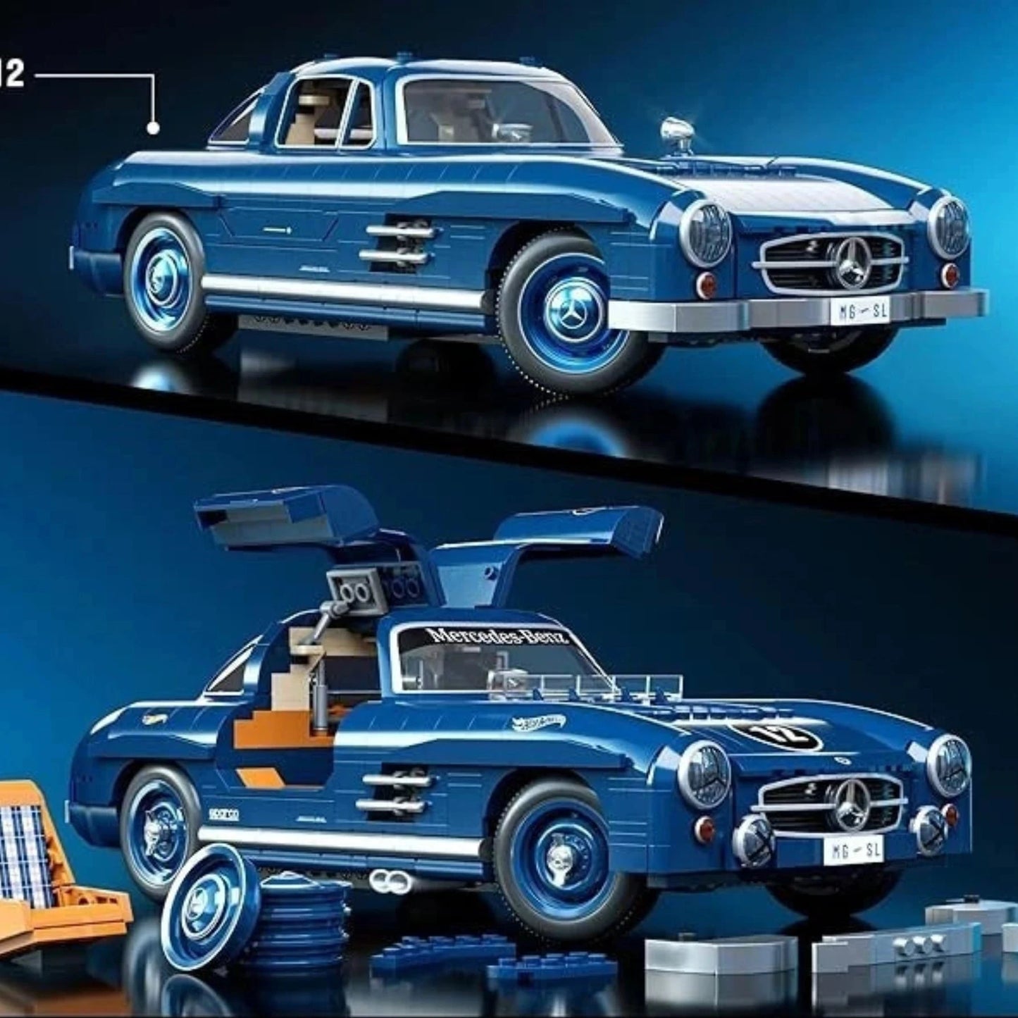Hot Wheels Premium 300SL – detailgetreues Mercedes-Benz Modell im Maßstab 1:12 mit Flügeltüren, individuellen Aufklebern und zusätzlichen Bauteilen für personalisierte Gestaltung.