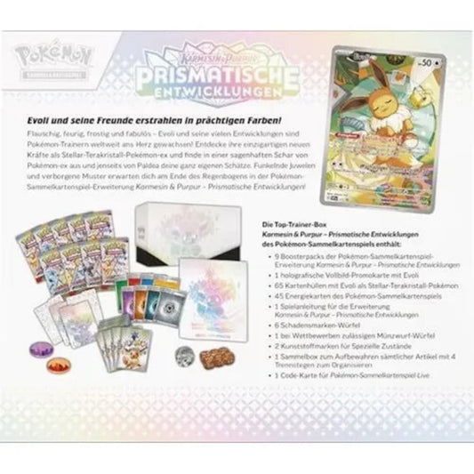 Pokémon Prismatische Entwicklungen Top Trainer Box Deutsch – Rückseite mit Übersicht der enthaltenen Boosterpacks, Evoli Promokarte und Zubehör, Produktbeschreibung