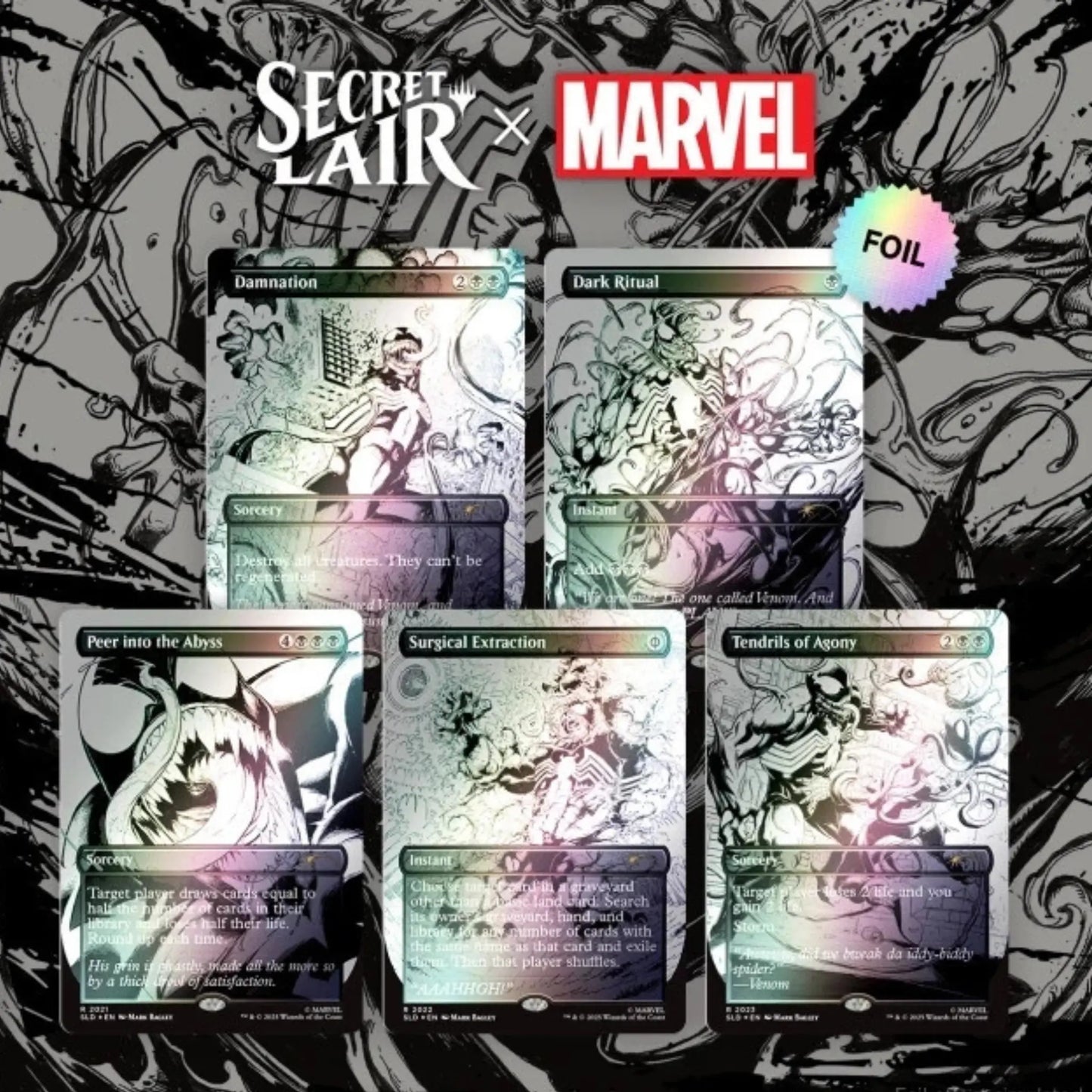 Secret Lair x Marvel Venom Unleashed Inks Foil Edition – schwarzweiße Venom-MTG-Karten im Foil-Design, Setabbildung