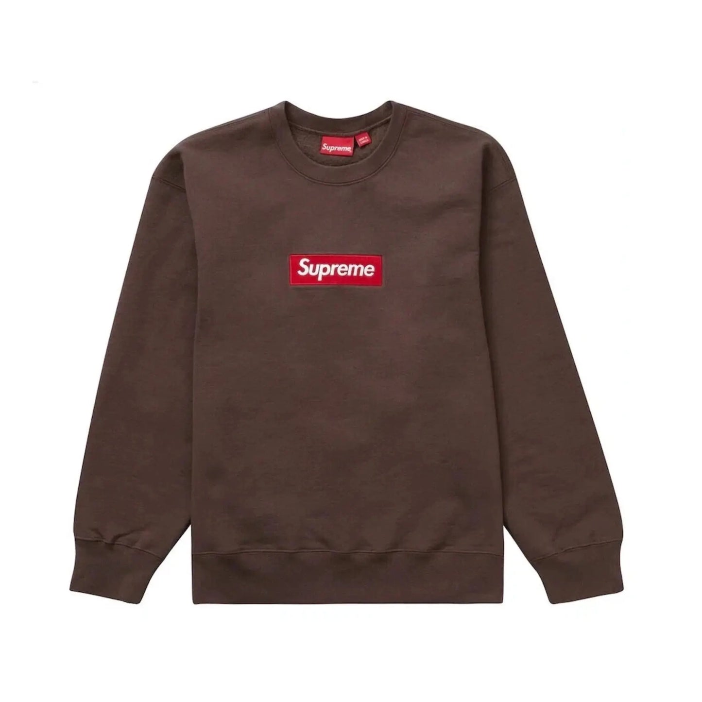 Supreme Box Logo Crewneck FW22 Brown – braunes Sweatshirt mit rotem Supreme Logo auf der Brust, Vorderansicht
