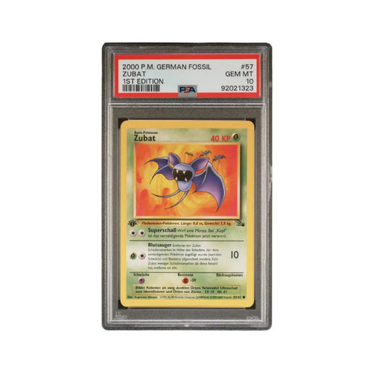PSA 10 Pokémon Karte Zubat 1st Edition Fossil Deutsch – Seltene Sammelkarte im perfekten Zustand, graded von PSA in Acryl-Case, Vorderansicht