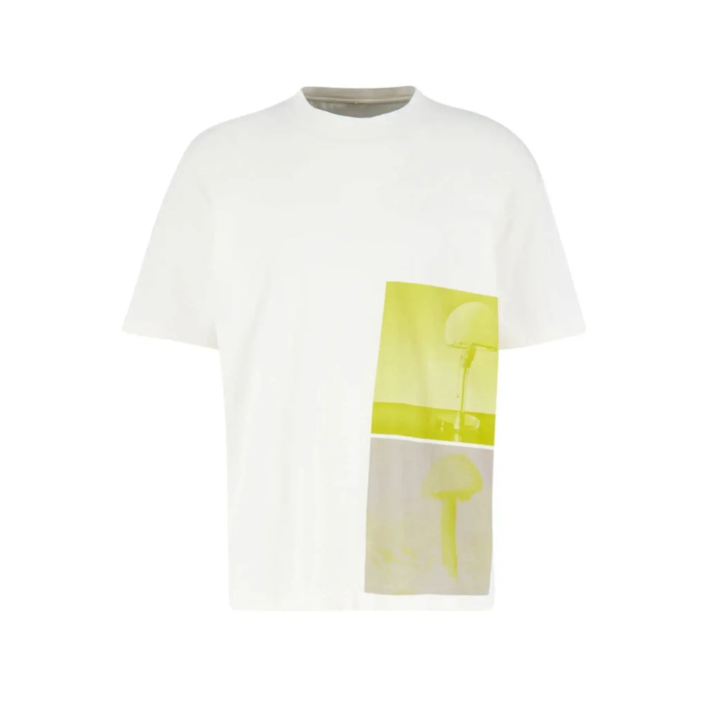 A-COLD-WALL* Bisporus T-Shirt White – weißes Designer-Shirt mit gelbem Grafikprint, Vorderansicht