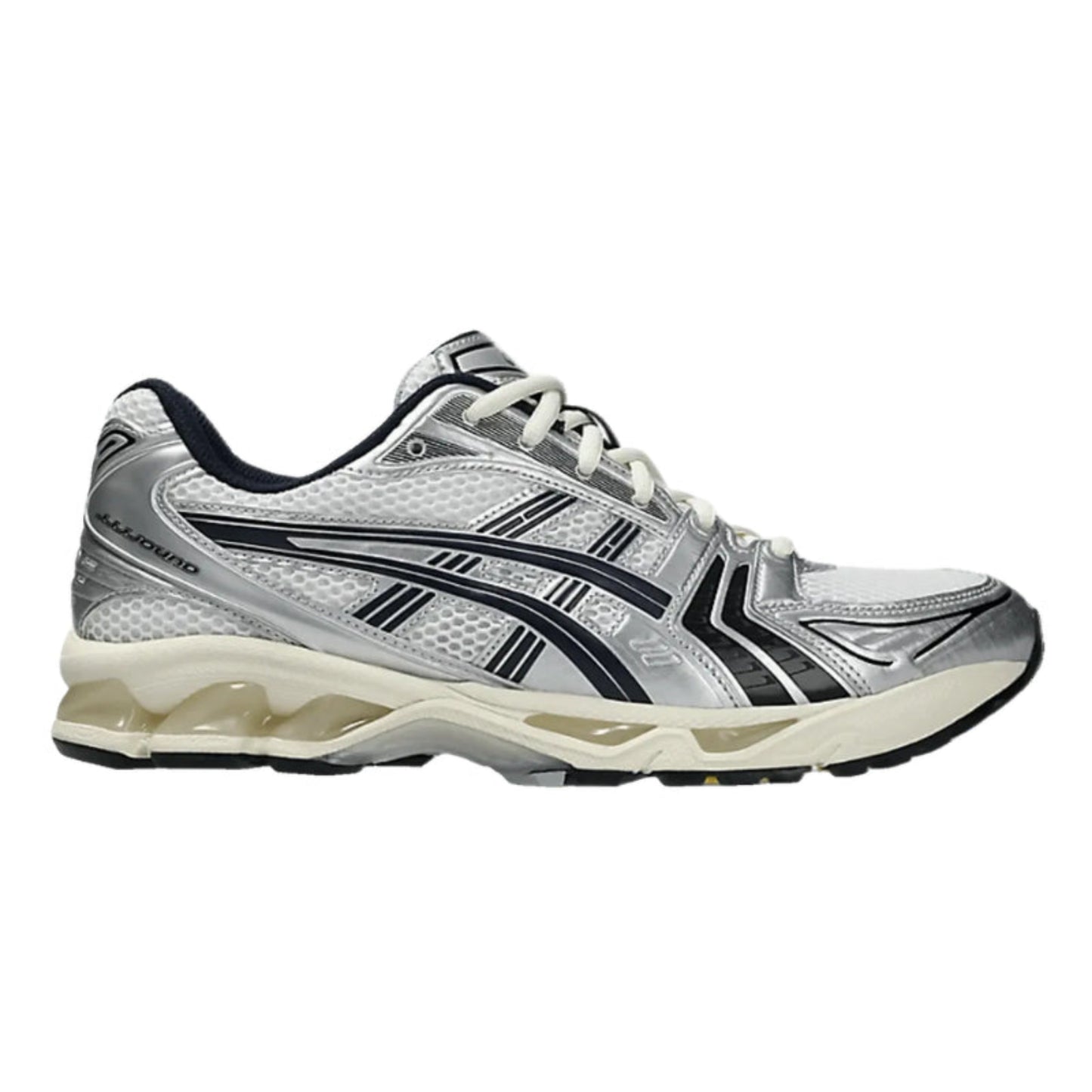 ASICS Gel-Kayano 14 JJJJound White Navy – Limitierter Laufschuh in Silber, Weiß und Dunkelblau mit Mesh-Obermaterial und Gel-Dämpfung, Seitenansicht der JJJJound Kollaboration.