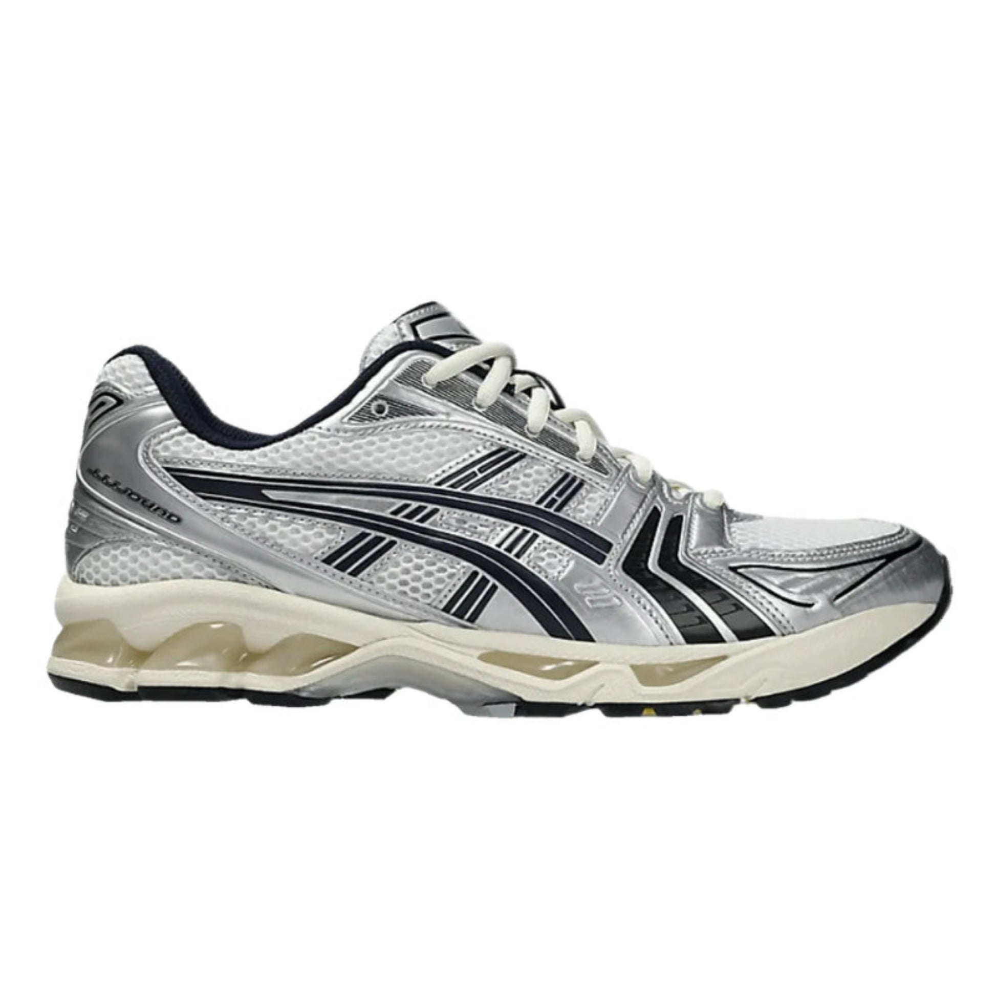 ASICS Gel-Kayano 14 JJJJound White Navy – Limitierter Laufschuh in Silber, Weiß und Dunkelblau mit Mesh-Obermaterial und Gel-Dämpfung, Seitenansicht der JJJJound Kollaboration.