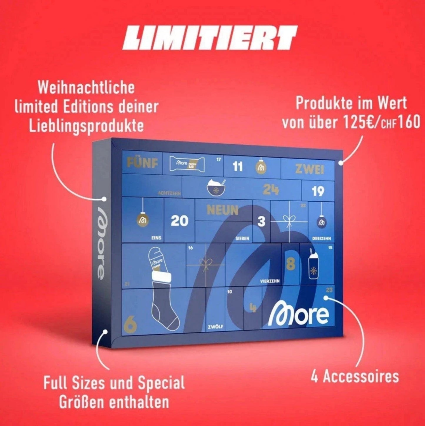 More Nutrition Adventskalender 2025 – Fitness Adventskalender mit weihnachtlichen Geschmacksvariationen, Proteinshakes und Süßigkeiten vor rotem Hintergrund