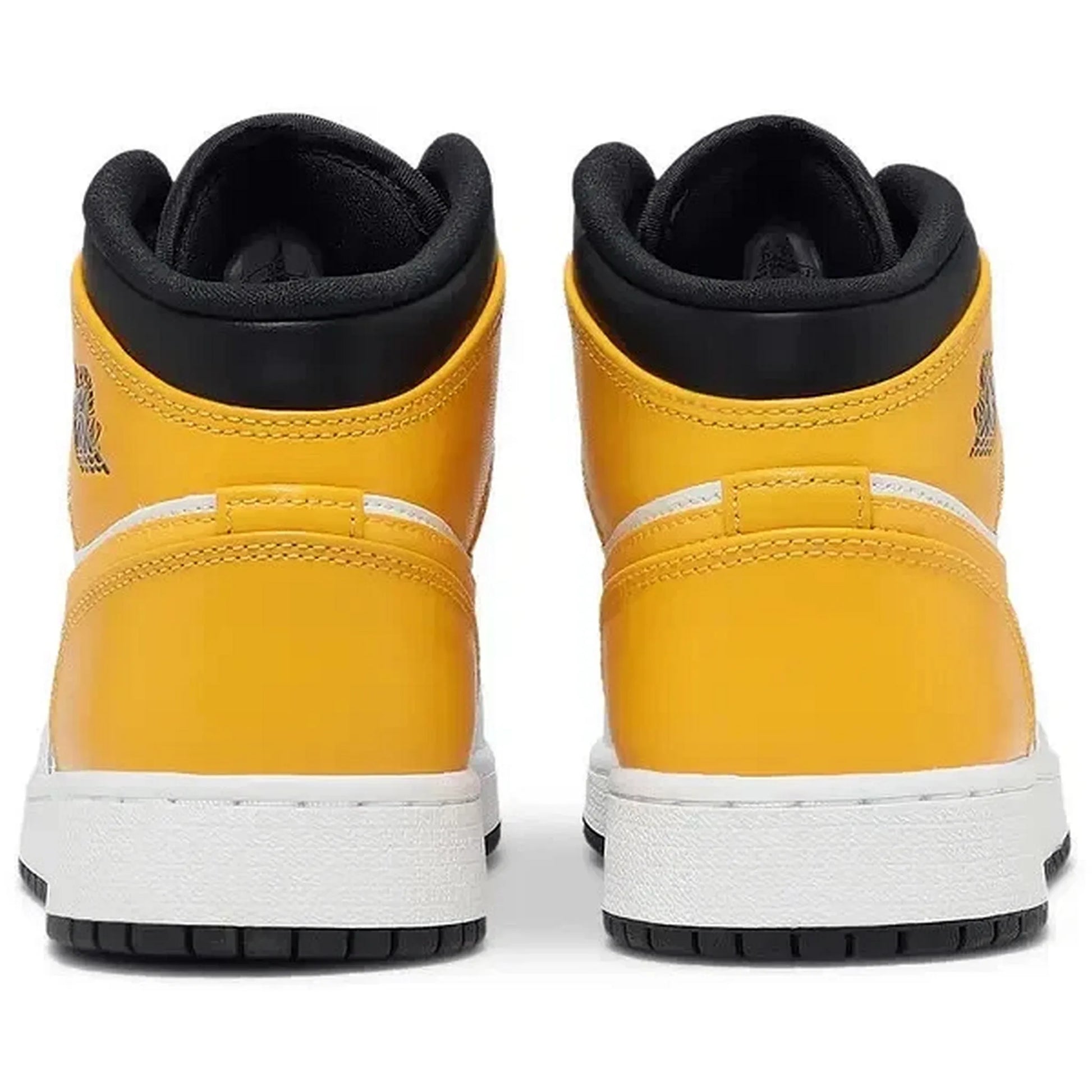 nike air jordan 1 mid gs university gold sneaker rückansicht in gelb weiß schwarz für jugendliche und damen auf weißem hintergrund