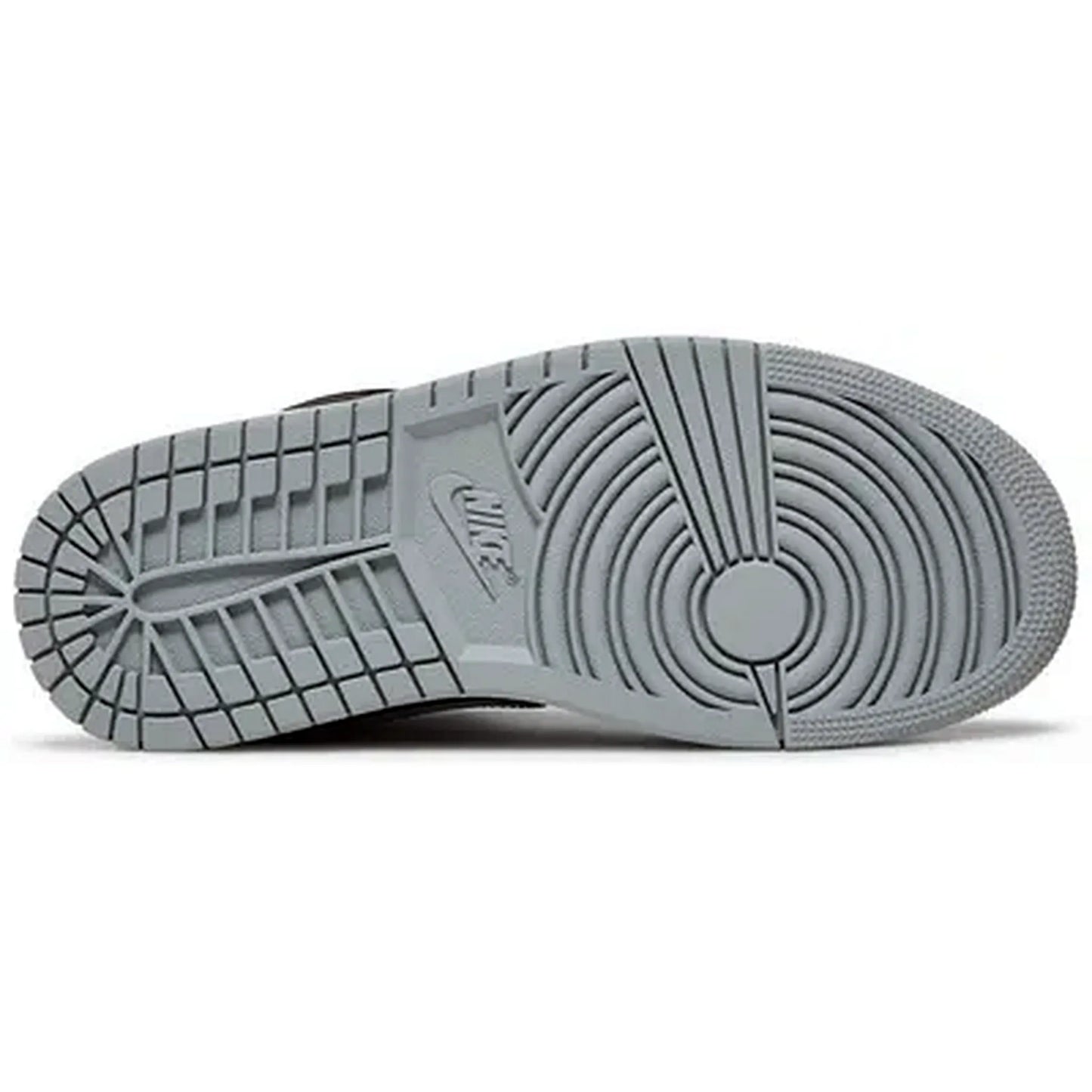 Nike Air Jordan 1 Mid Wmns Shadow – Damen Sneaker mit grauer Außensohle, Unteransicht der robusten Gummisohle im typischen Air Jordan Design.