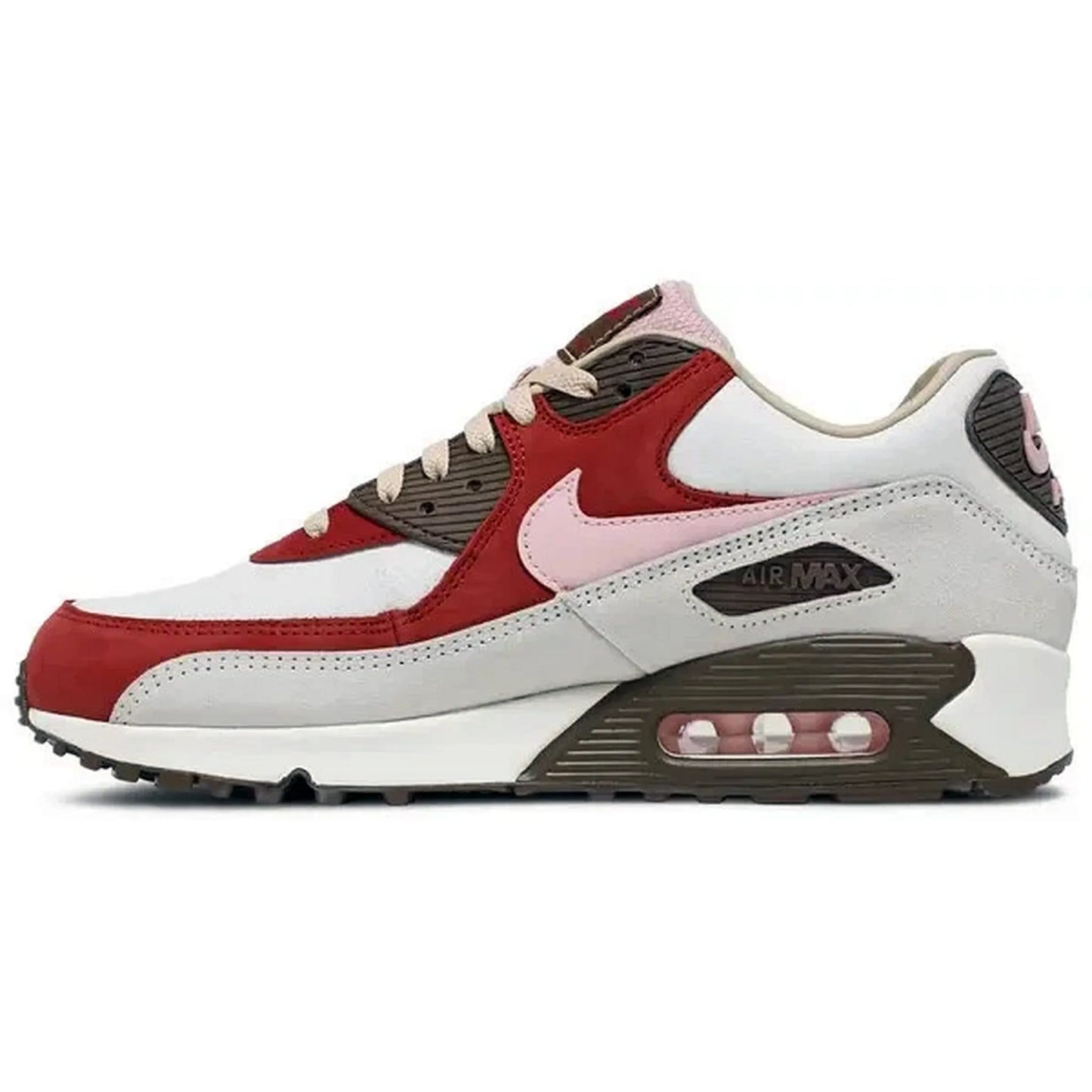 Nike Air Max 90 NRG Bacon 2021 Herren Sneaker in Weiß, Rot und Braun – Seitenansicht mit rosa Swoosh, sichtbarer Air-Dämpfung und Retro-Design auf weißem Hintergrund