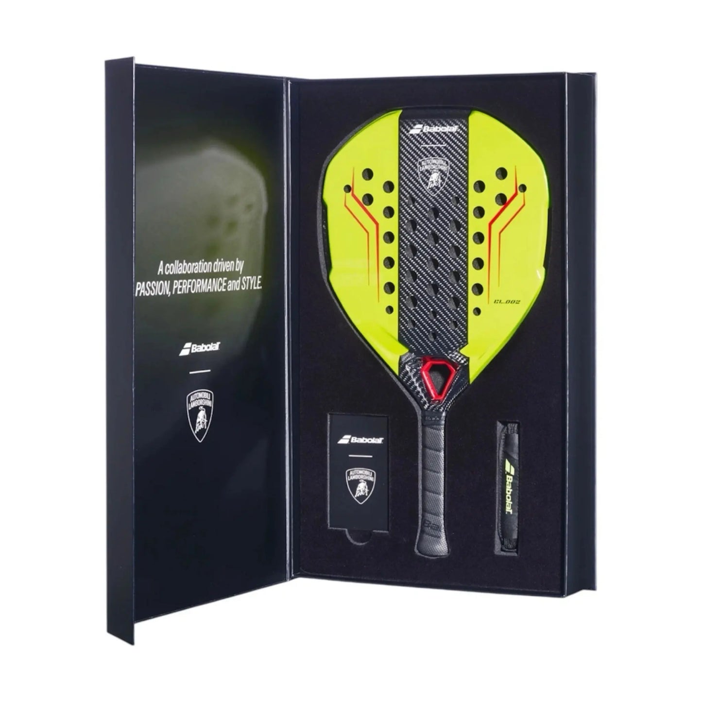 Babolat x Lamborghini Padel Racket Gelb – Limited Edition Padelschläger in edler Geschenkbox mit Zubehör, luxuriöse Präsentation mit schwarzer Innenverpackung und Markenlogos, Vorderansicht
