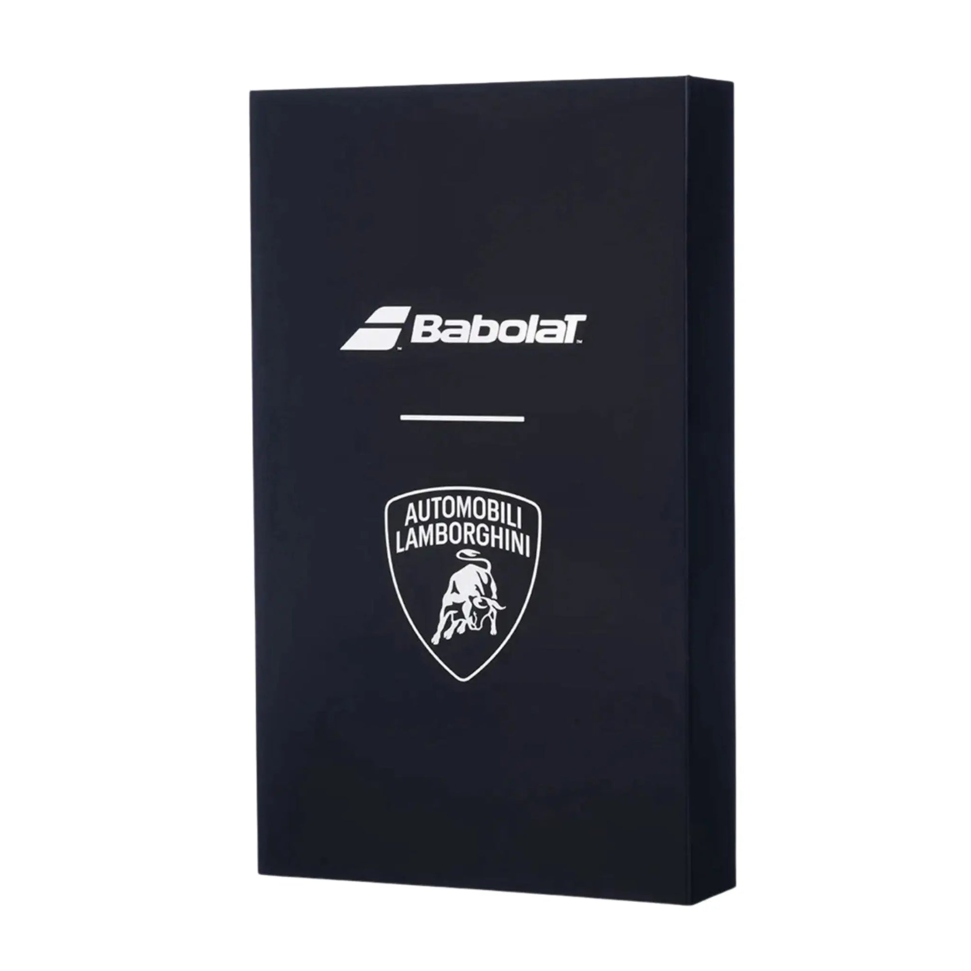 Babolat x Lamborghini Padel Racket Gelb – elegante schwarze Geschenkbox mit Babolat und Automobili Lamborghini Logo, hochwertige Verpackung für Limited Edition Padelschläger, Vorderansicht