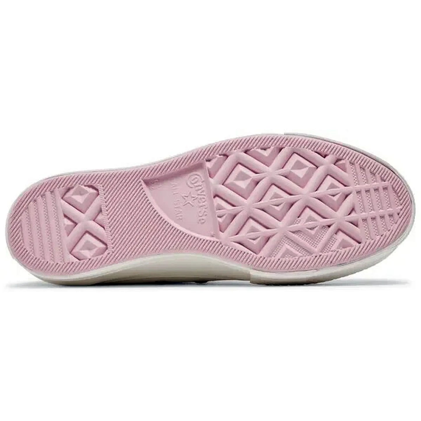 Converse Wmns Chuck Taylor All Star Lift Platform High Embroidered Hearts White – Detailansicht der rosafarbenen Außensohle mit klassischem Rautenmuster des weißen Plateau-Sneakers für Damen.