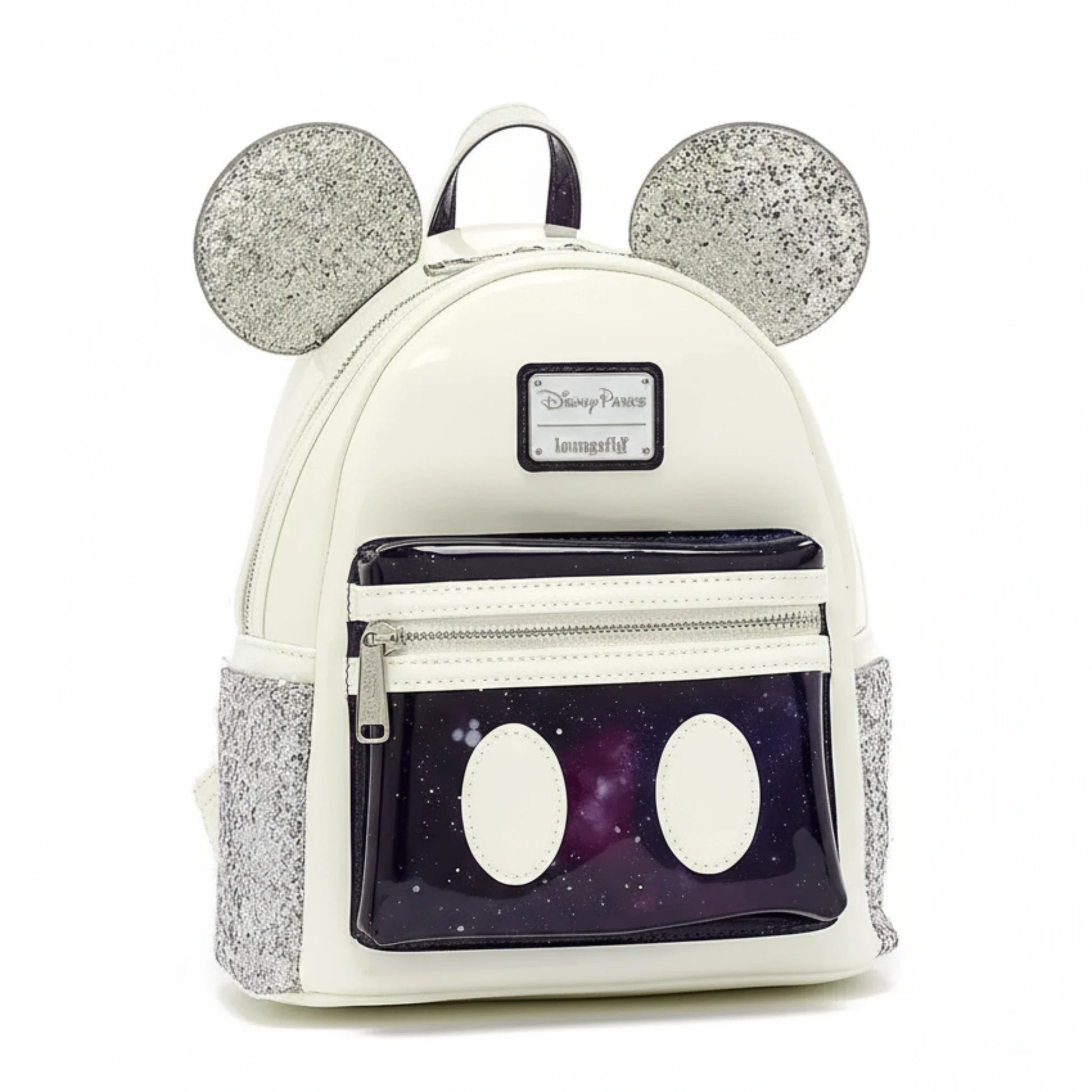 Disney Loungefly The Main Attraction Mini-Rucksack – weiß-silberner Sammlerrucksack mit glitzernden Micky-Maus-Ohren, galaktischem Frontfach und Loungefly-Logo.