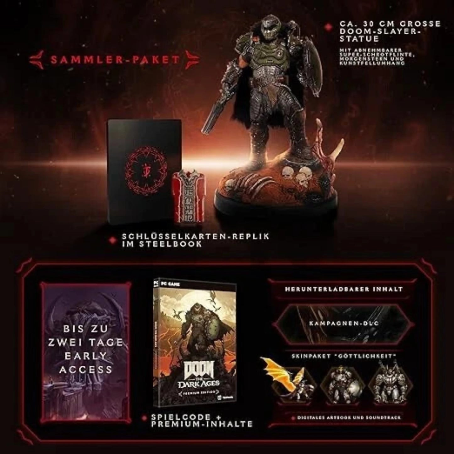 Doom The Dark Ages Collector’s Edition – Sammlerpaket mit 30 cm Doom Slayer Statue, Steelbook, Schlüsselanhänger-Replik, Early-Access und exklusiven digitalen Bonusinhalten.