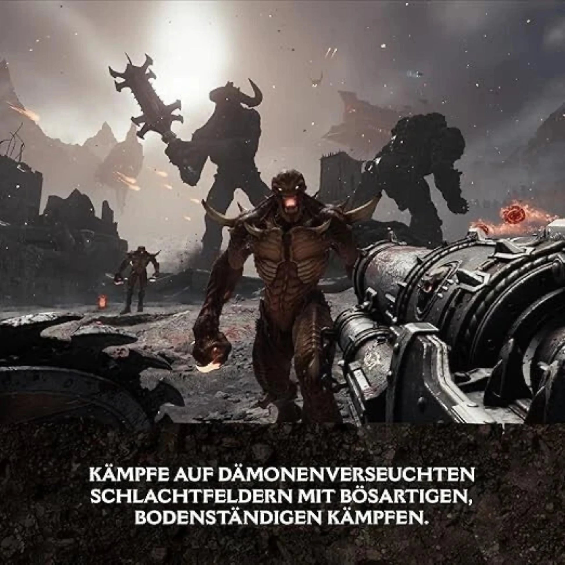 Doom The Dark Ages Gameplay-Szene – der Doom Slayer kämpft auf einem dämonenverseuchten Schlachtfeld gegen monströse Gegner in intensiven Nah- und Fernkämpfen.