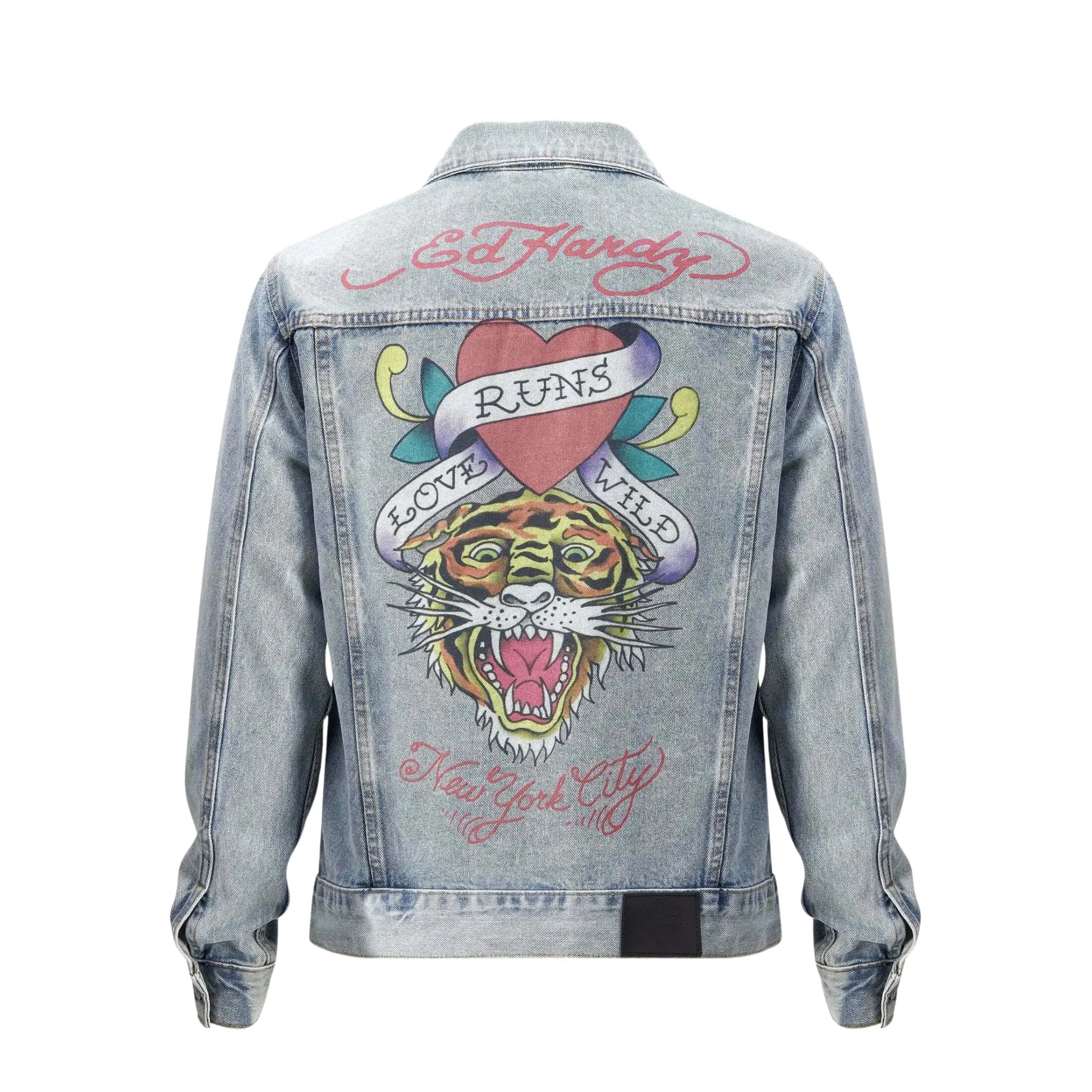 Ed Hardy Love Runs Wild Jeansjacke – Vintage-Denimjacke mit großem Tiger- und Herzmotiv auf Rücken, Rückansicht