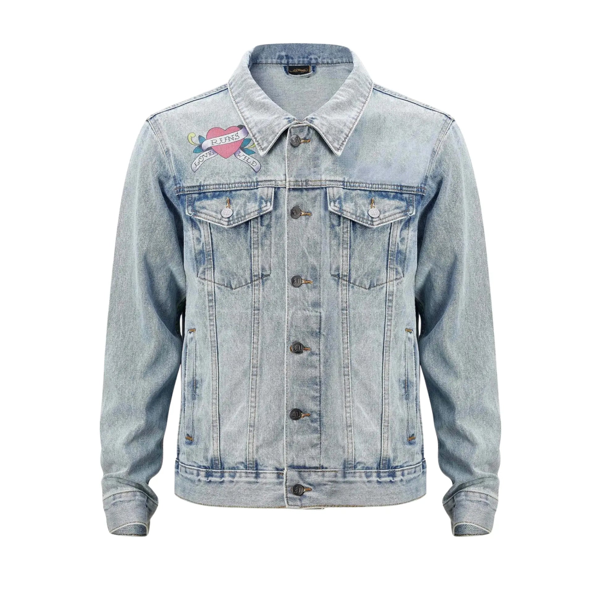 Ed Hardy Love Runs Wild Jeansjacke – hellblaue Denimjacke mit Herz-Print auf Brust, Vorderansicht