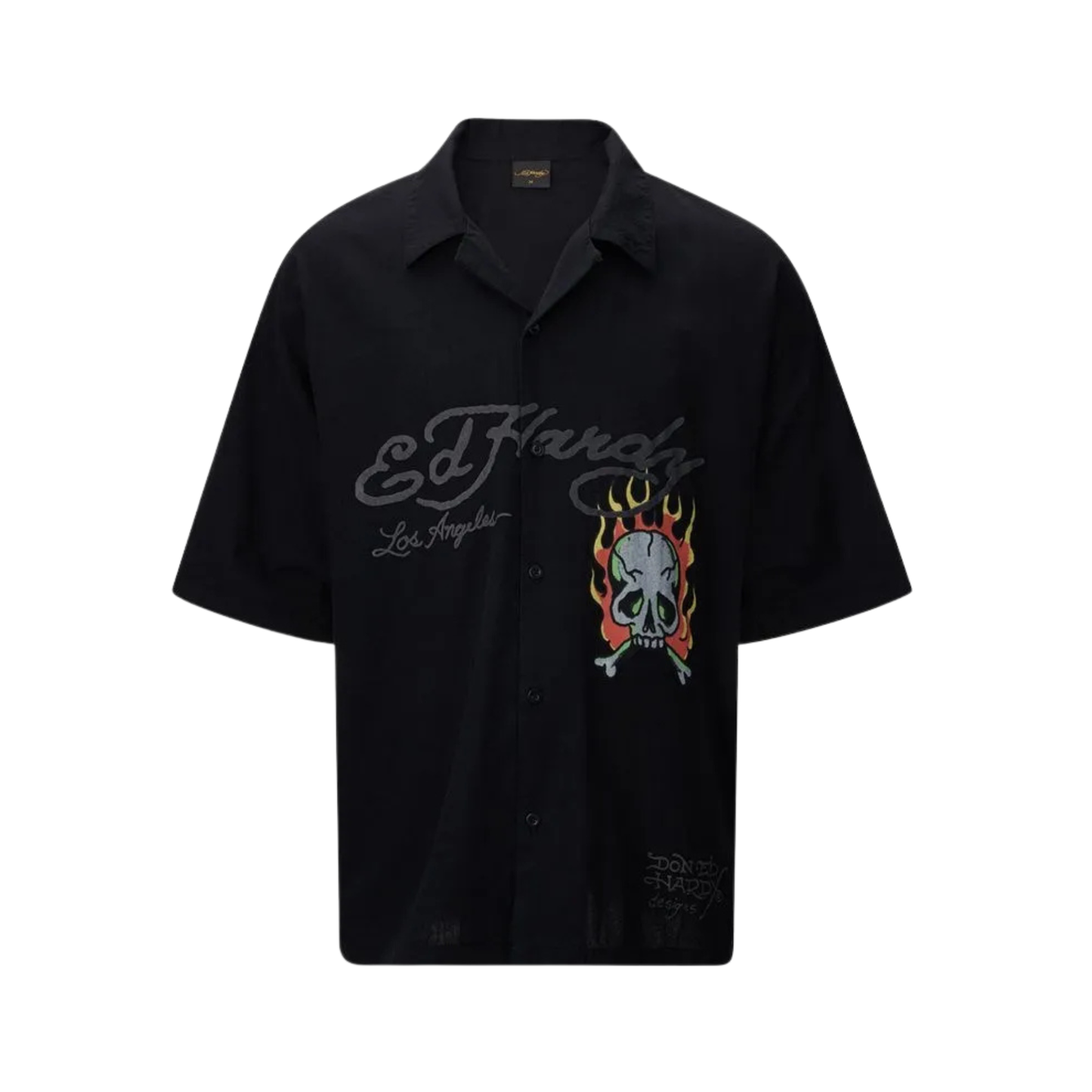 Ed Hardy Skull Flames Camp Hemd Black – schwarzes Vintage-Kurzarmhemd mit Skull & Flammen Tattoo-Print, Vorderansicht