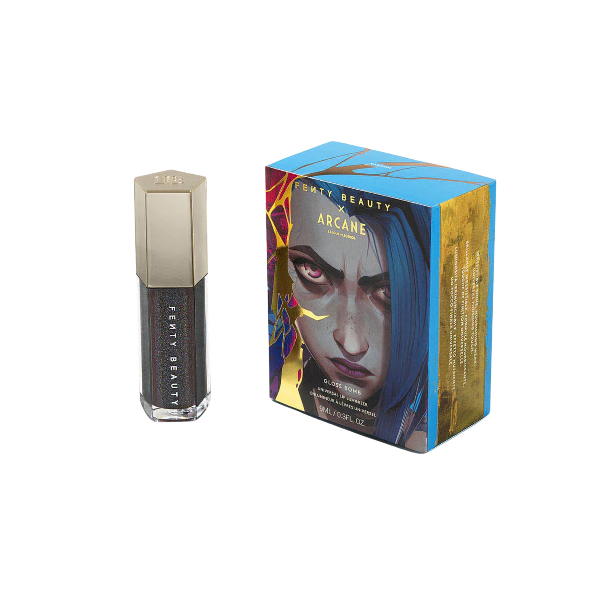 Fenty Beauty x Arcane Gloss Bomb Kaboom Lipgloss mit Verpackung im Jinx-Design