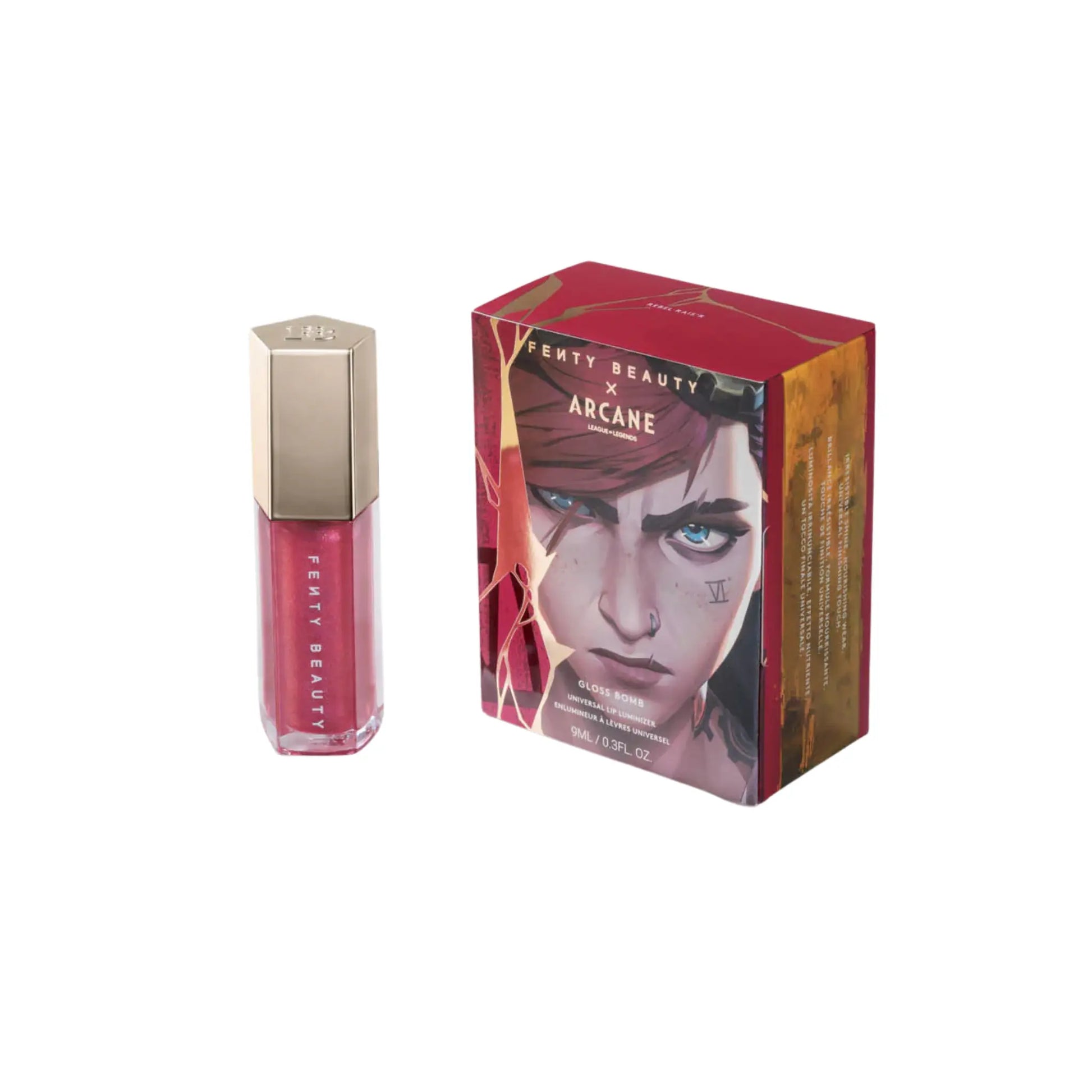 Fenty Beauty x Arcane Gloss Bomb Rebel Raisr Lipgloss mit Verpackung