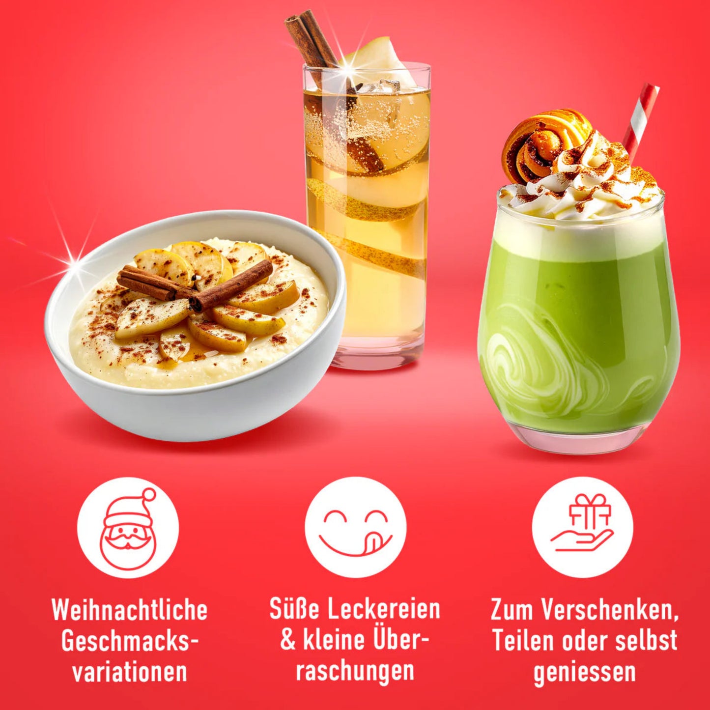 More Nutrition Adventskalender 2025 – Fitness Adventskalender mit weihnachtlichen Geschmacksvariationen, Proteinshakes und Süßigkeiten vor rotem Hintergrund