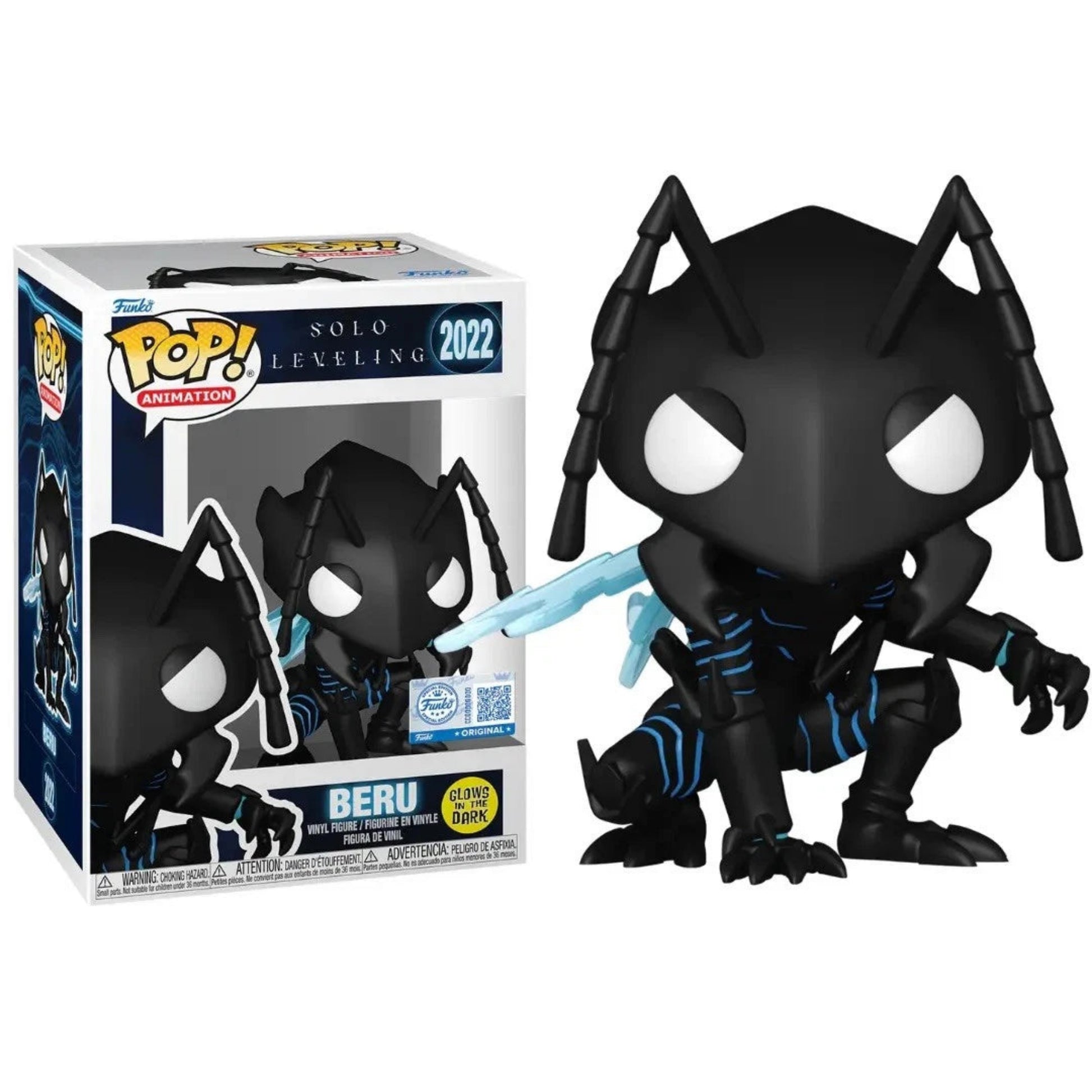 Funko Pop! Solo Leveling Beru #2022 Glow In The Dark Figur – limitierte Sammlerfigur aus der Anime-Reihe, schwarze Vinylfigur mit blauen Details und Leuchteffekt, inklusive Originalverpackung, Vorderansicht.