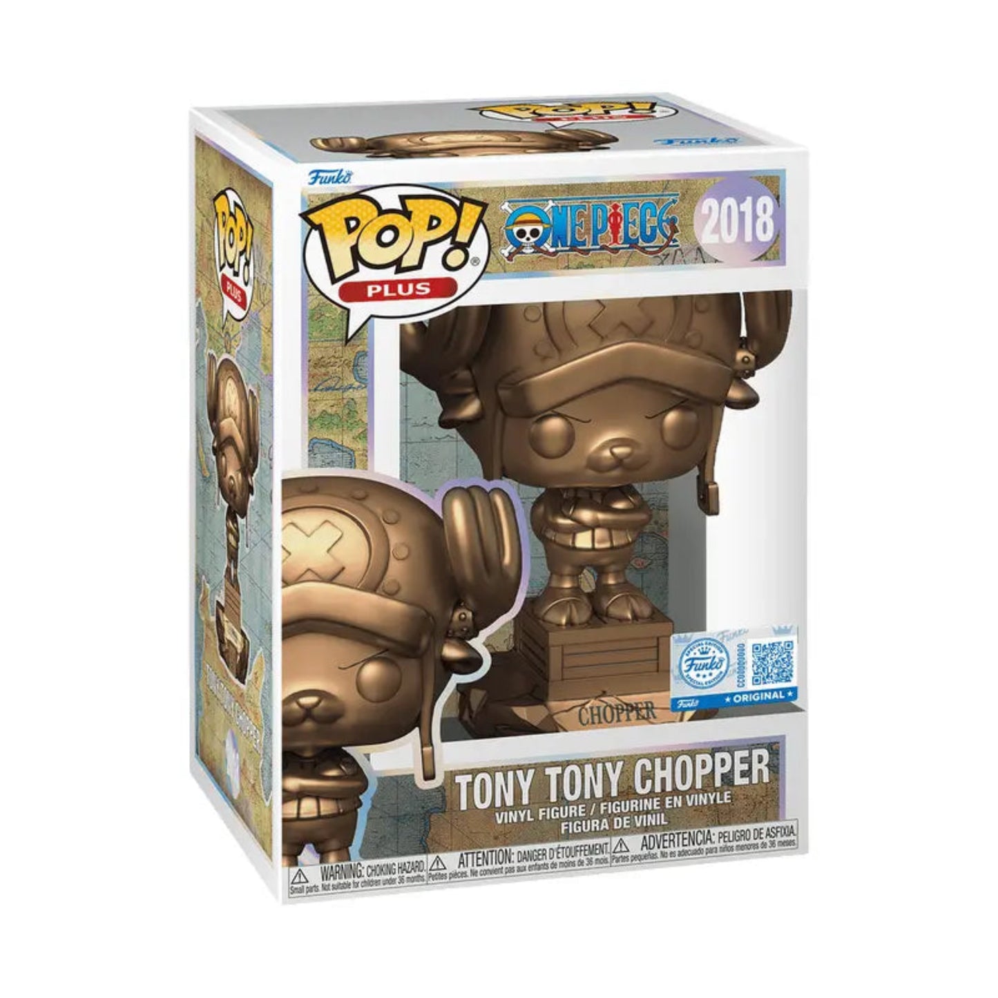 Funko Pop Plus One Piece 2018 Tony Tony Chopper Figur in bronzener Statue-Optik in Originalverpackung mit durchsichtigem Pop Protector, Produktansicht vor weißem Hintergrund.