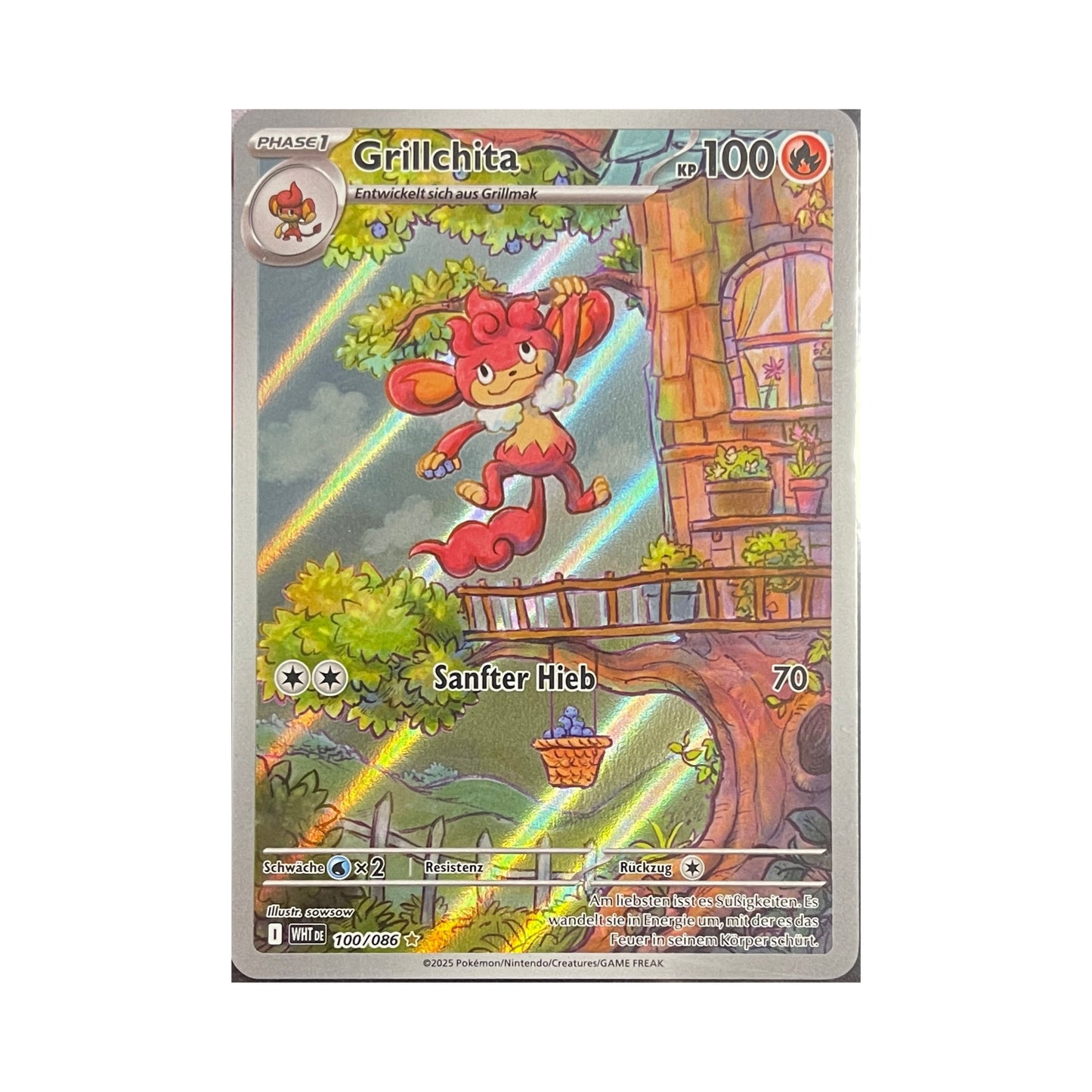Pokemon Grillchita 100/086 WHT DE – deutsche holografische Sammelkarte mit Grillchita an Baumhaus, Vorderseite
