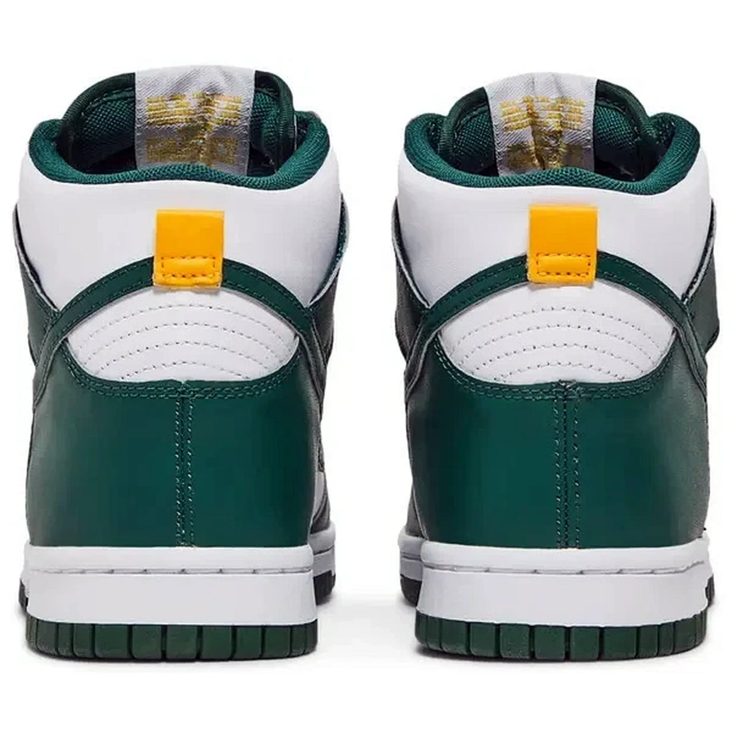 Nike Dunk High GS Australia – grün-weißer High-Top-Sneaker mit gelbem Fersenlaschen-Detail und klassischer Nike-Stickerei – Rückansicht
