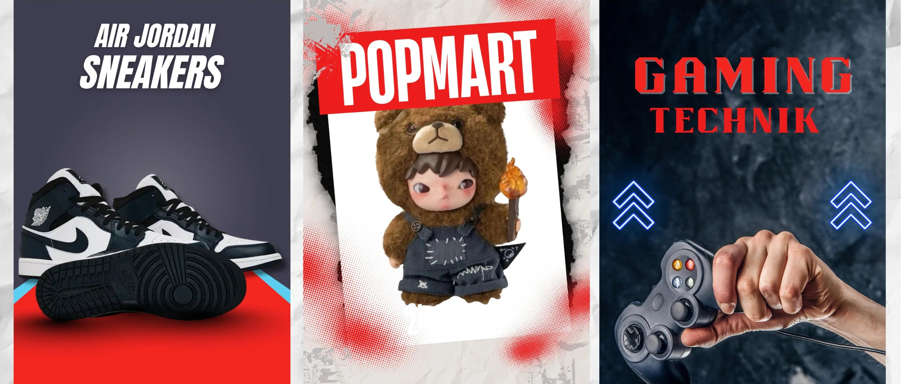 SELLGEN24 Banner mit Air Jordan Sneakers, Popmart Figur und Gaming Controller – Kategorien Sneaker, Collectibles und Technik