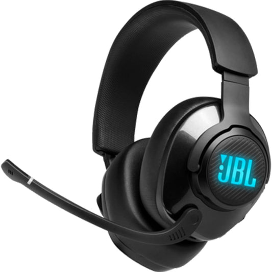 JBL Quantum 400 Gaming Headset mit blau beleuchtetem Logo, verstellbarem Mikrofon und gepolstertem Over-Ear-Design – ideal für immersives Spielerlebnis und klaren Sound.