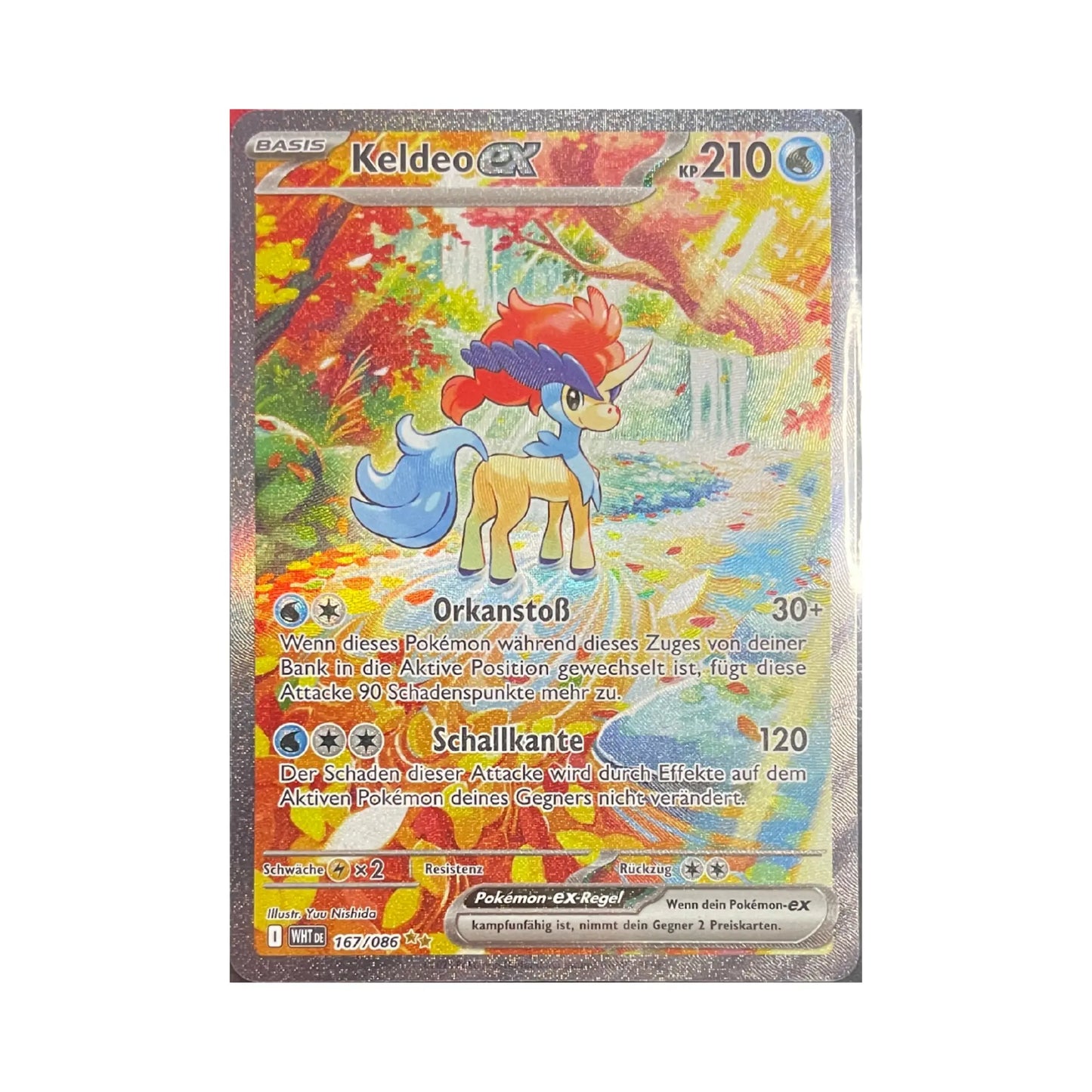 Pokemon Keldeo ex 167/086 WHT DE – deutsche holografische Full-Art Karte mit Keldeo-Motiv vor herbstlicher Waldszene, Vorderseite