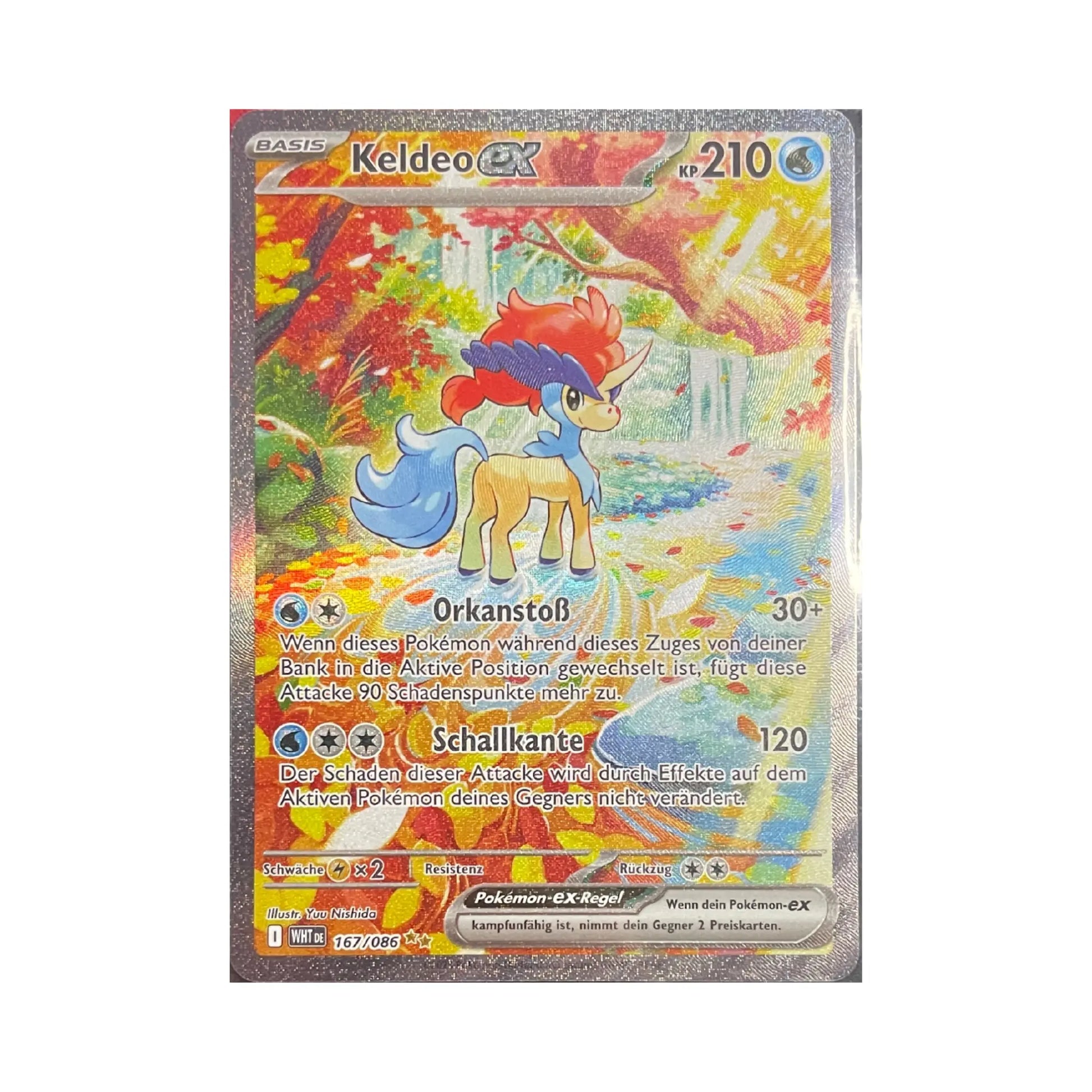 Pokemon Keldeo ex 167/086 WHT DE – deutsche holografische Full-Art Karte mit Keldeo-Motiv vor herbstlicher Waldszene, Vorderseite