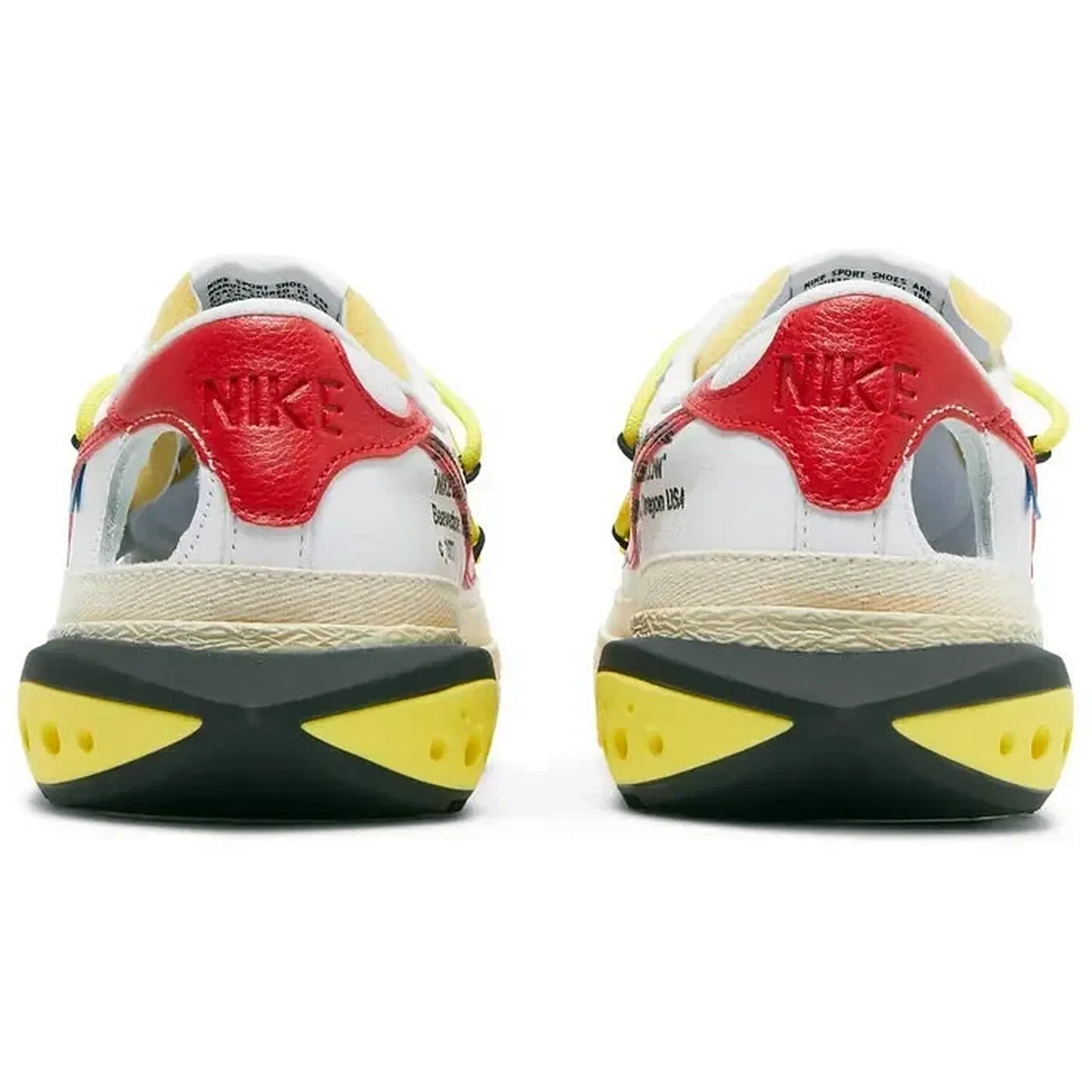 Off-White x Nike Blazer Low University Red – Rückansicht – Ferse mit rotem Nike-Logo, Cut-Out-Details und markanter gelb-schwarzer Zwischensohle