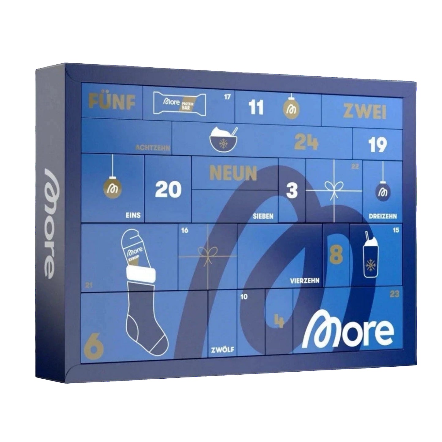More Nutrition Adventskalender 2025 – blaue Geschenkbox mit 24 Türchen und goldenen Zahlen, Vorderansicht