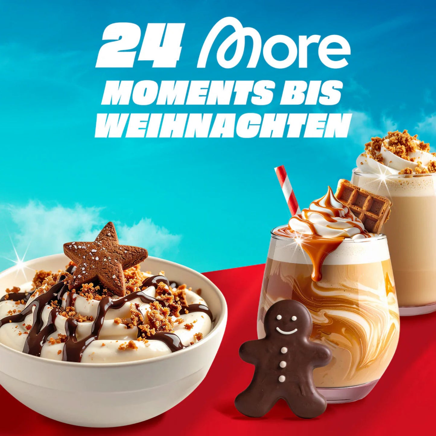 More Nutrition Adventskalender 2025 – 24 Moments bis Weihnachten Motiv mit Protein Desserts, Shakes und Lebkuchenfigur vor blau-rotem Hintergrund. Perfekt für Fitness- und Ernährungsfans in der Weihnachtszeit.