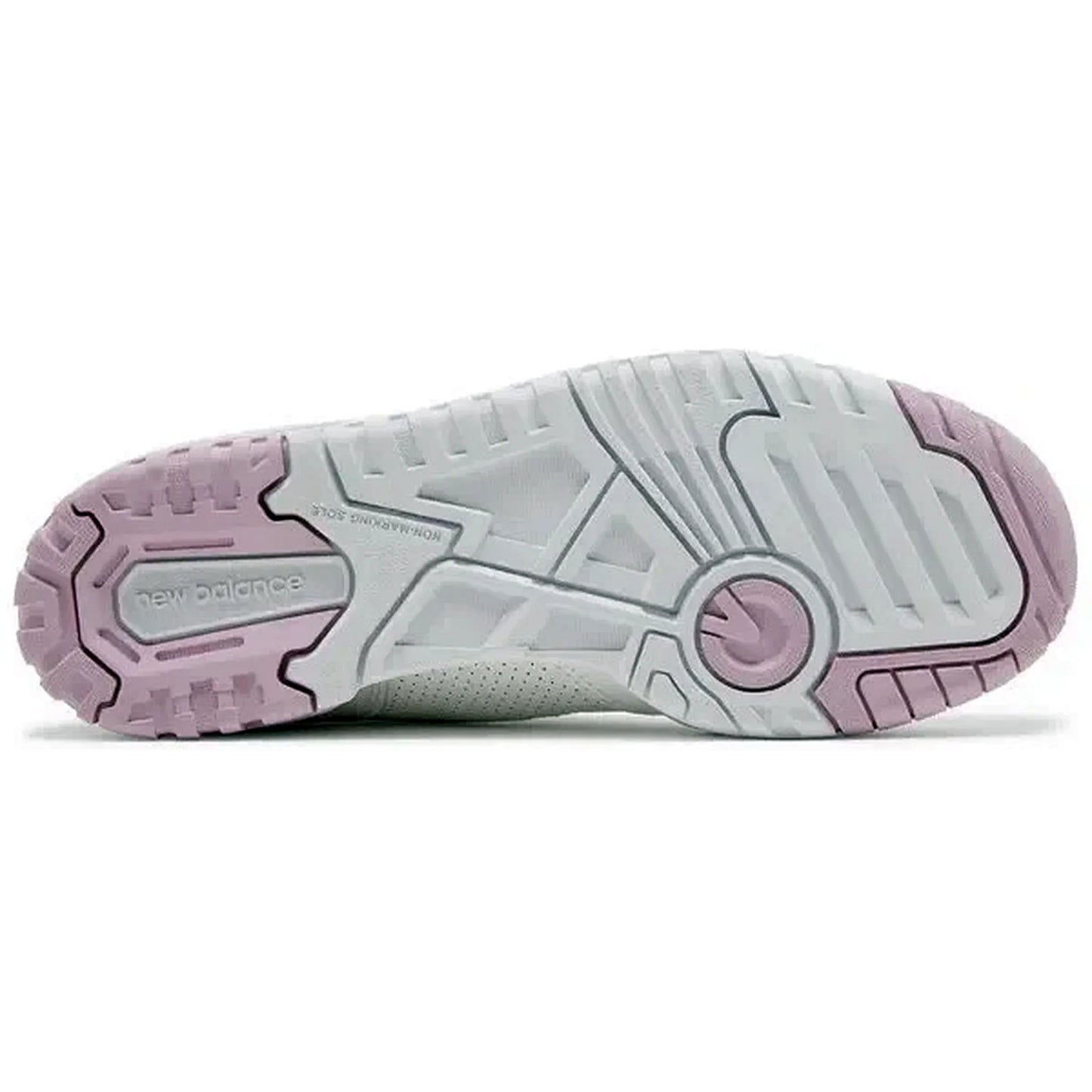 New Balance 550 Wmns White Bubblegum Pink – Unteransicht des Damen-Sneakers mit zweifarbiger Außensohle in Weiß und Rosa, klassischem New-Balance-Profil und markanter Retro-Struktur.