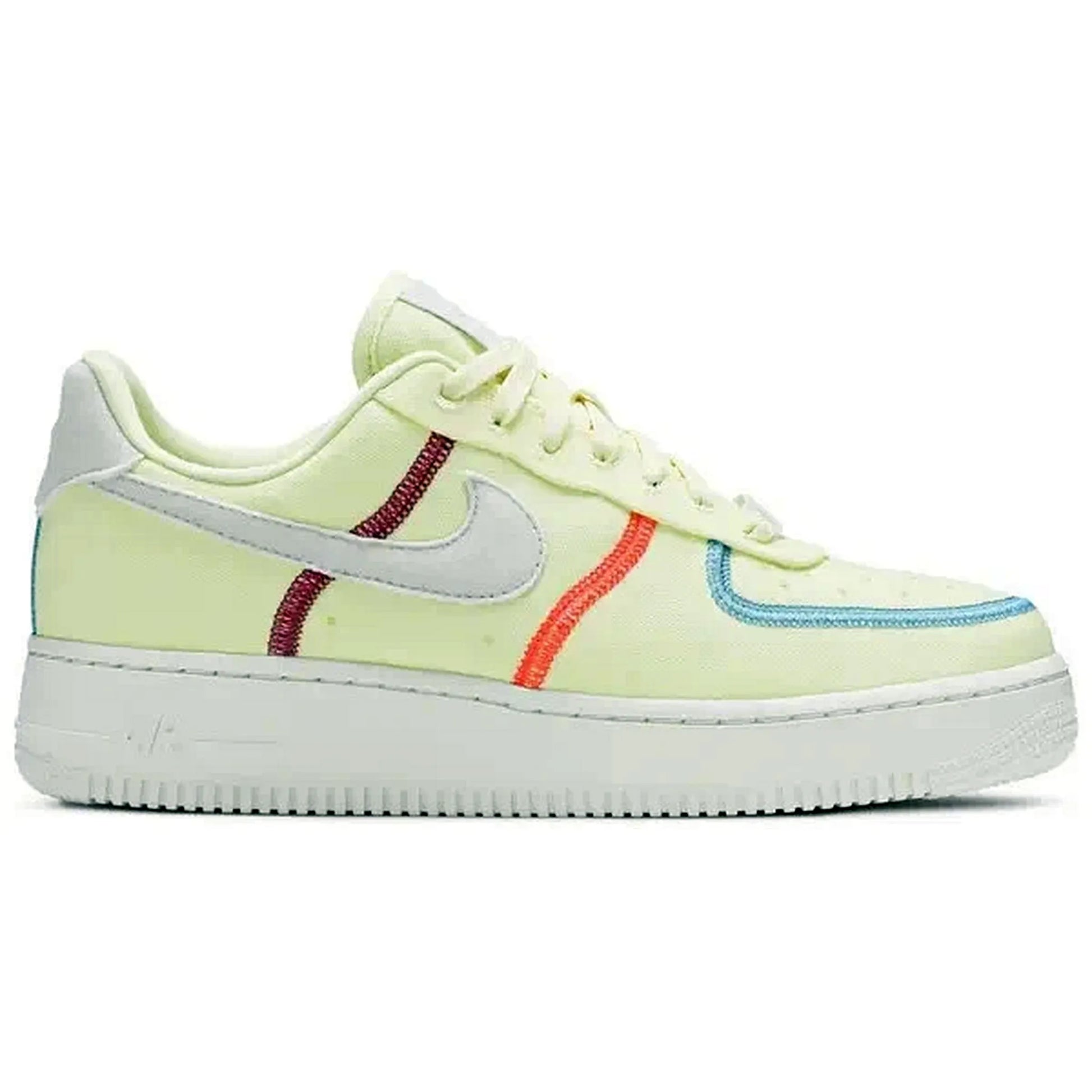 Nike Air Force 1 LX Wmns Life Lime Damen Sneaker in Hellgrün mit weißen Details und bunten Ziernähten, Seitenansicht auf weißem Hintergrund