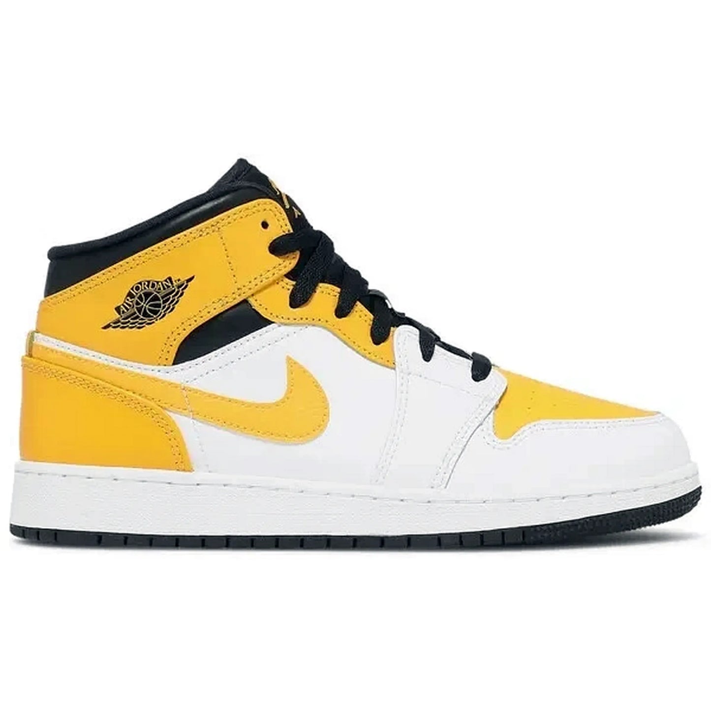 nike air jordan 1 mid gs university gold weiss gelb schwarzer sneaker für damen und jugendliche in seitenansicht auf weißem hintergrund