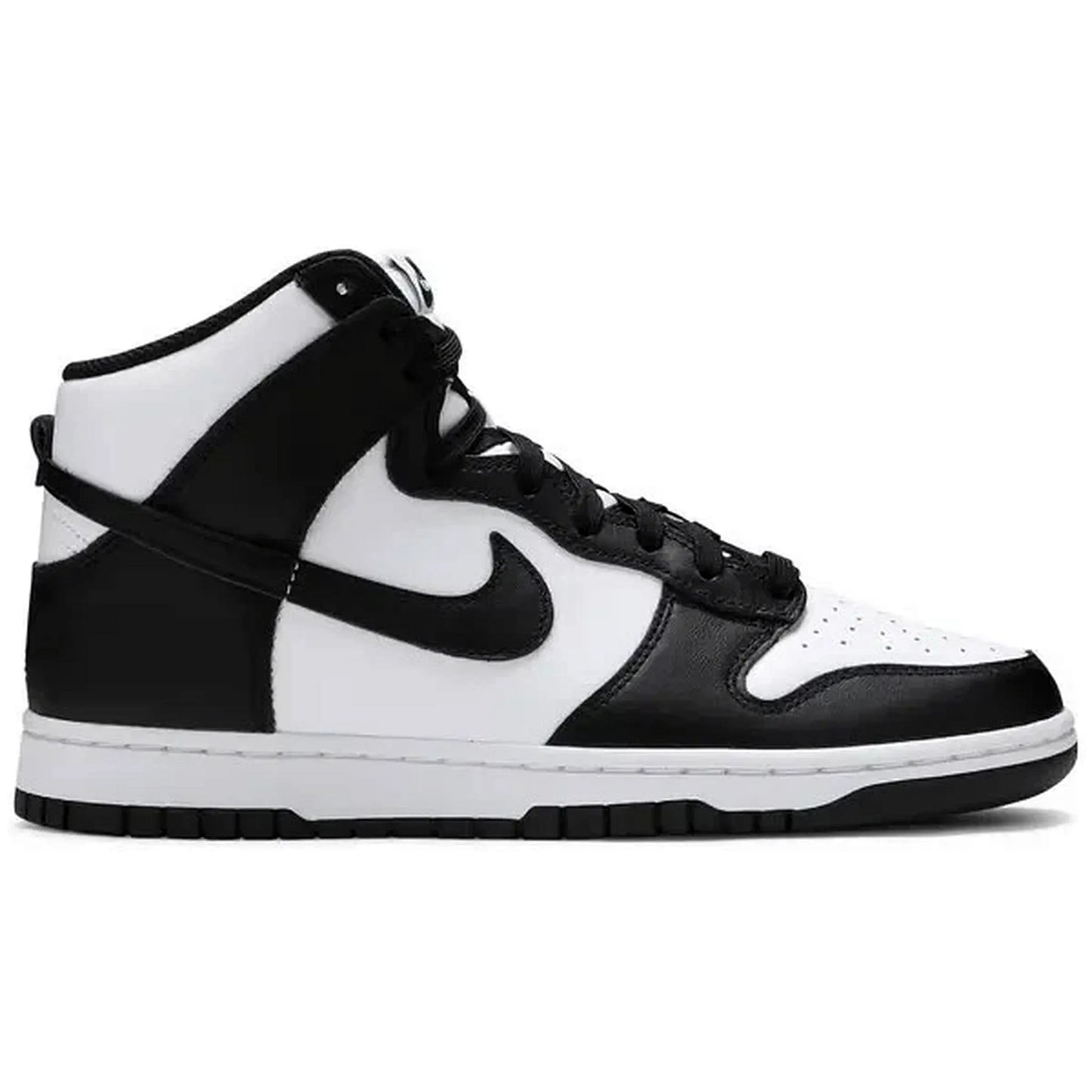 Nike Dunk High Panda Black White – Seitenansicht des klassischen High-Top-Sneakers in Schwarz und Weiß mit schwarzem Swoosh und zweifarbiger Gummisohle