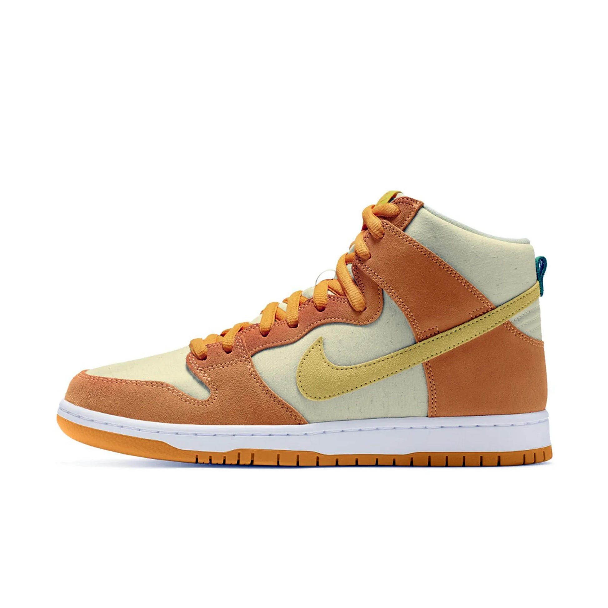 Nike SB Dunk High Pineapple – Seitenansicht des High-Top-Sneakers in Gelb und Orange mit hellem Swoosh und Gummisohle auf weißem Hintergrund.