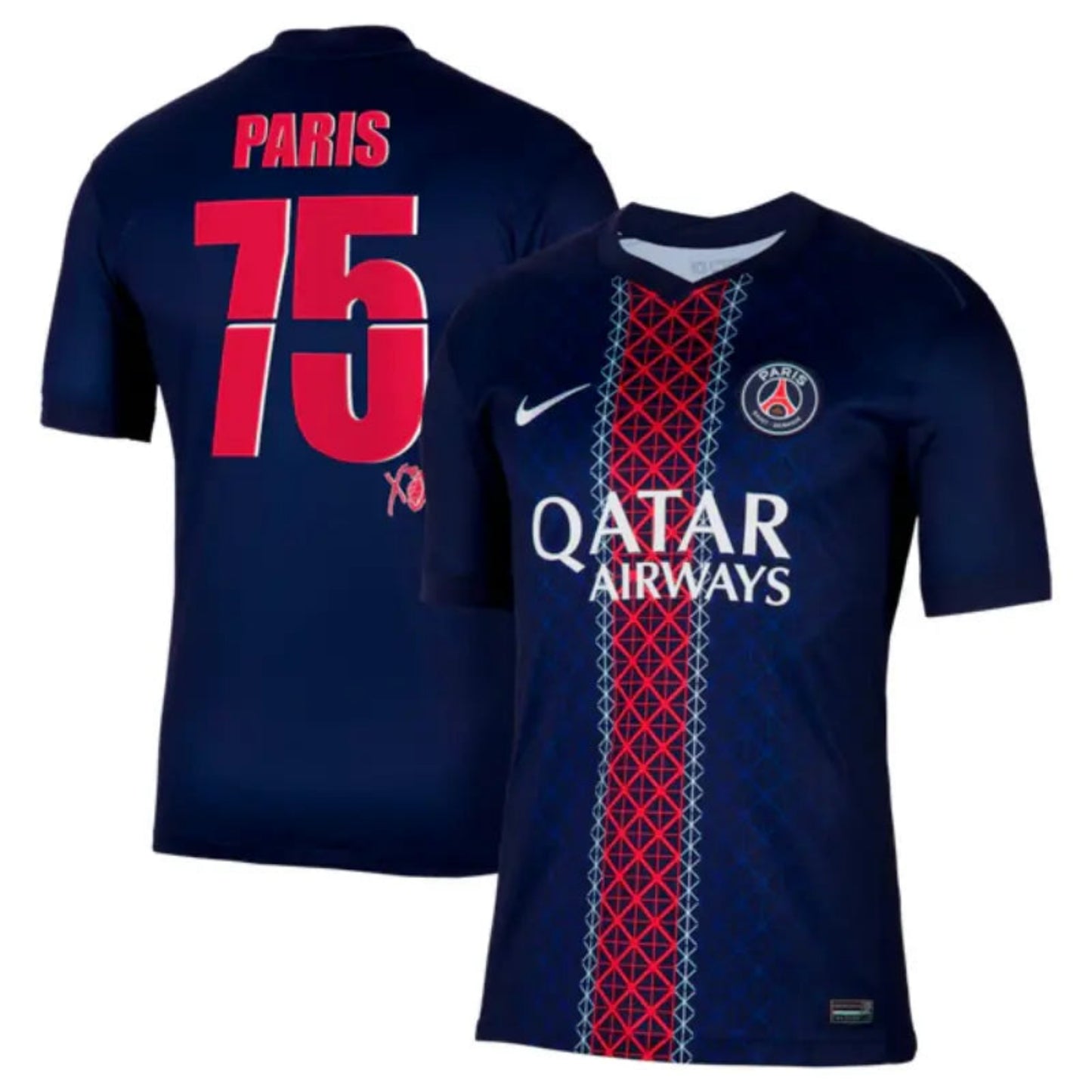 PSG Heimtrikot 2025/26 Paris-75 XO Sonderedition – offizielles Nike Trikot in Blau mit roten Akzenten, Vereinslogo und Qatar Airways Sponsorendruck. Vorder- und Rückansicht.
