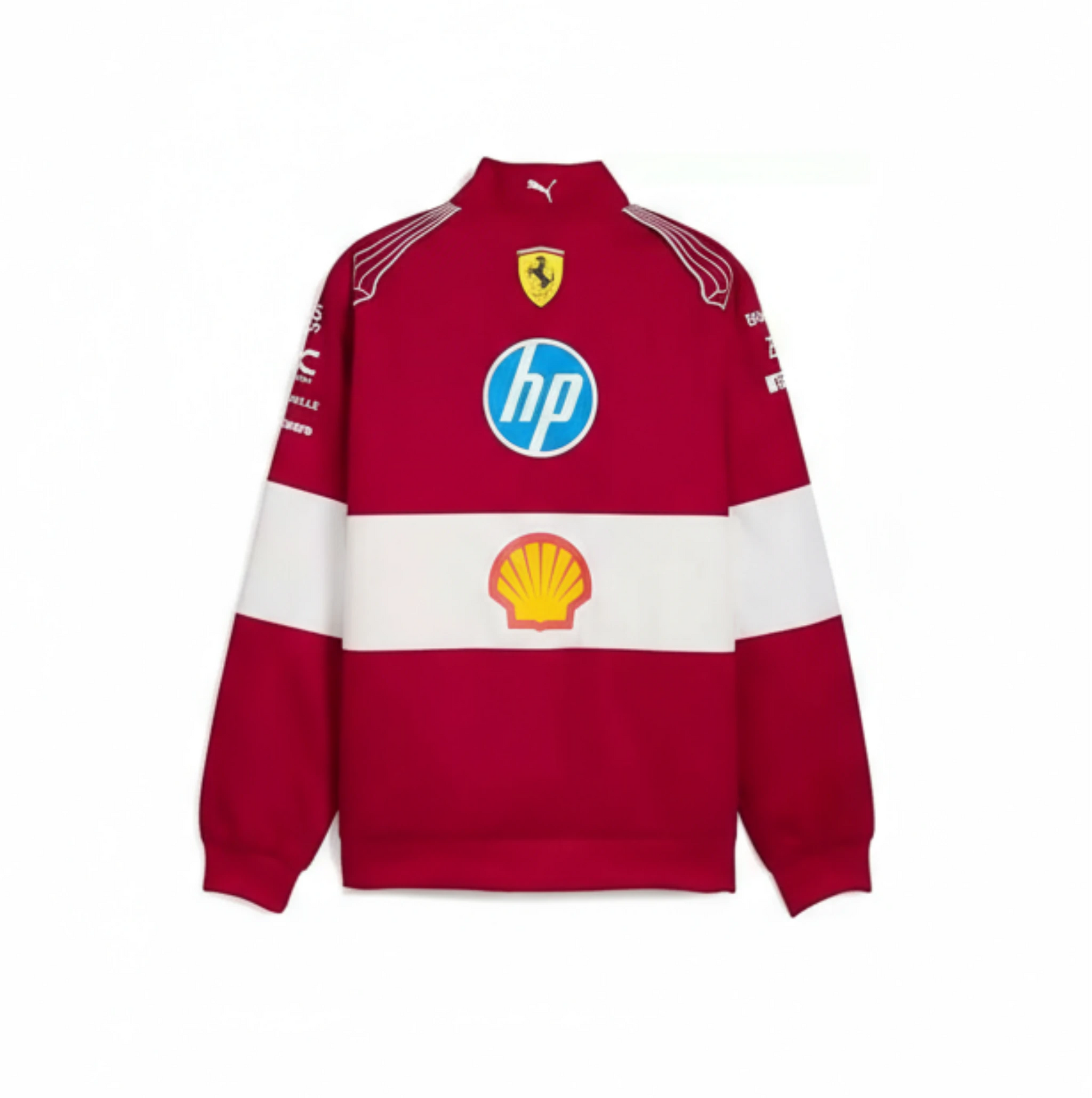Rückseite der PUMA Scuderia Ferrari Teamjacke 2025 in Rot-Weiß mit Shell- und HP-Logos – offizielles Ferrari F1-Merchandise für Motorsportfans.