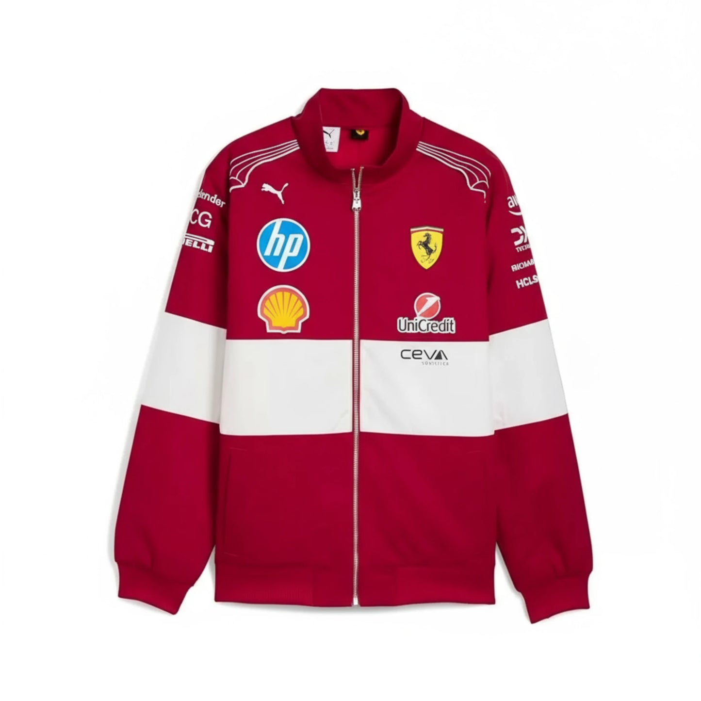 PUMA Scuderia Ferrari F1 2025 Teamjacke in Rot-Weiß mit Sponsorenlogos von Shell, HP und Santander – sportliche Vintage-Jacke im offiziellen Ferrari Racing Design.