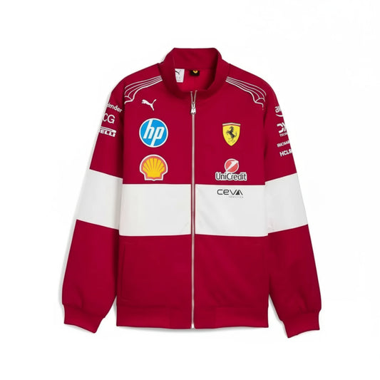 PUMA Scuderia Ferrari F1 2025 Teamjacke in Rot-Weiß mit Sponsorenlogos von Shell, HP und Santander – sportliche Vintage-Jacke im offiziellen Ferrari Racing Design.